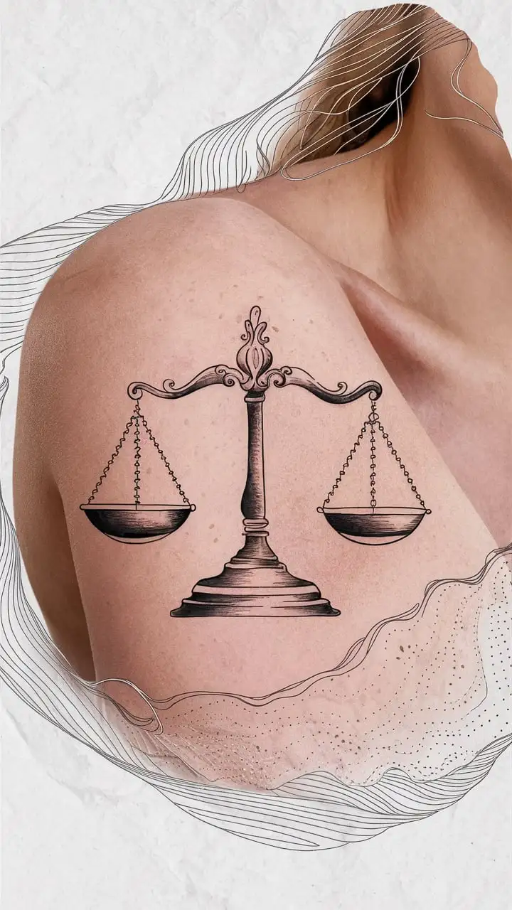 Woman with Small Justice Scales Tattoo on Shoulder