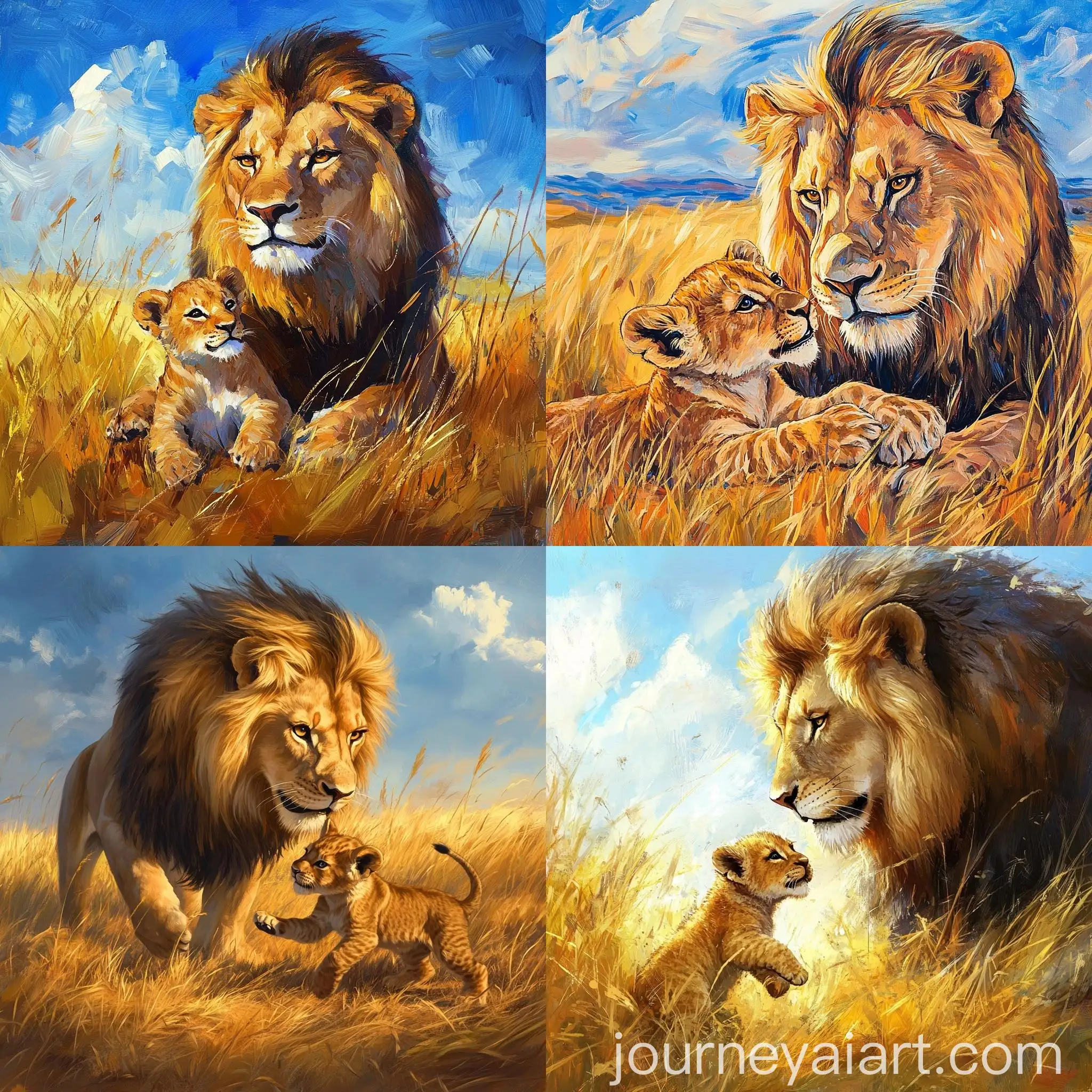 Playful-Lion-Cub-Tumbling-in-Golden-Savannah-with-Majestic-Lion