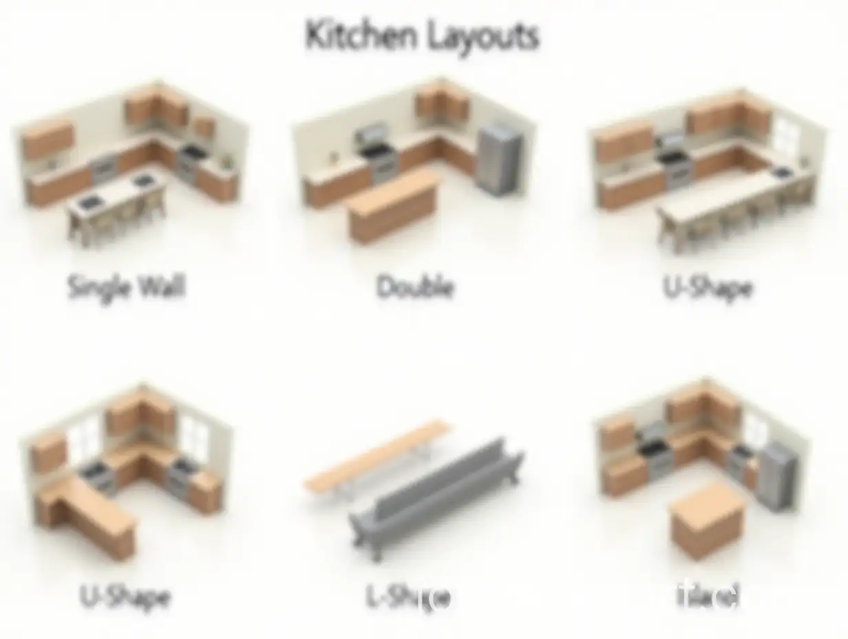 Infographic-of-Six-Common-Kitchen-LayoutAI-Image-Prompt-Expansion-Types-with-3D-Design-and-Labels