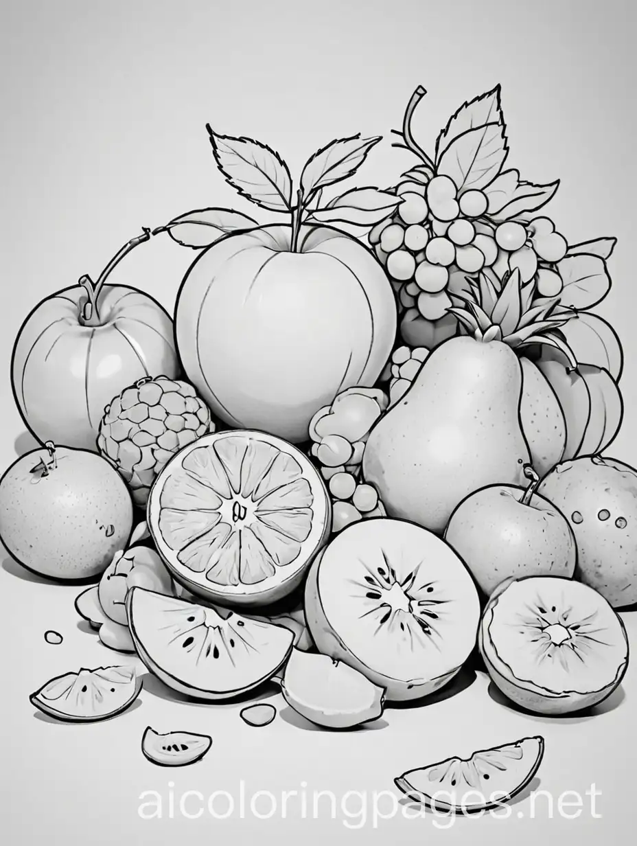 fruits coloring pages for kids, Coloring Page, black and white, line art, white background, Simplicity, Ample White Space. The background of the coloring page is plain white to make it easy for young children to color within the lines. The outlines of all the subjects are easy to distinguish, making it simple for kids to color without too much difficulty