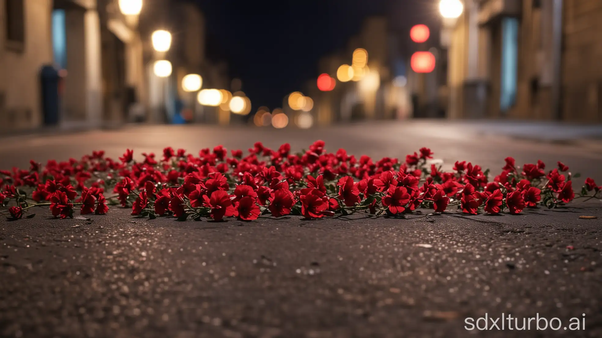 red flowers on both sides of the street, background is a street blurred, bokeh, at night