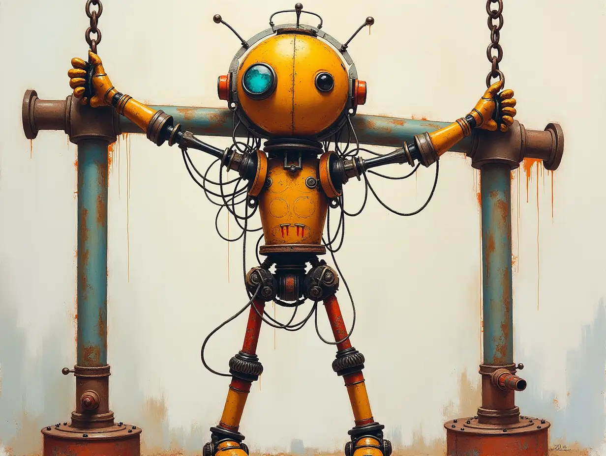 Colorful-Rusty-Robot-in-Crucifix-Pose-on-Gymnastic-Apparatus-Watercolor-Painting-in-Steampunk-Pop-Surrealism-Style