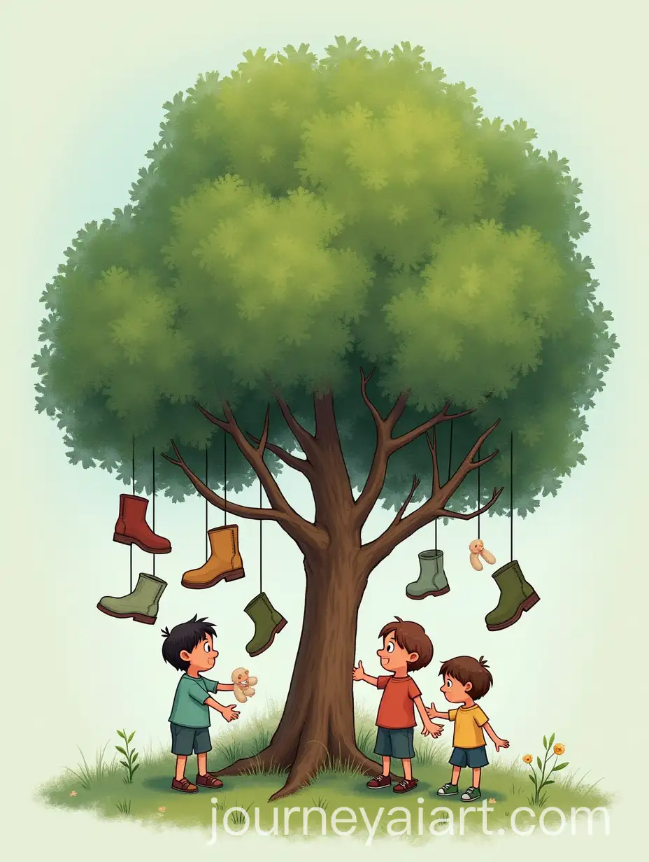 AI-Image-Prompt-ExpansionAdults-Handing-Footwear-to-Children-from-Green-Tree-with-Boots-Shoes-and-Slippers