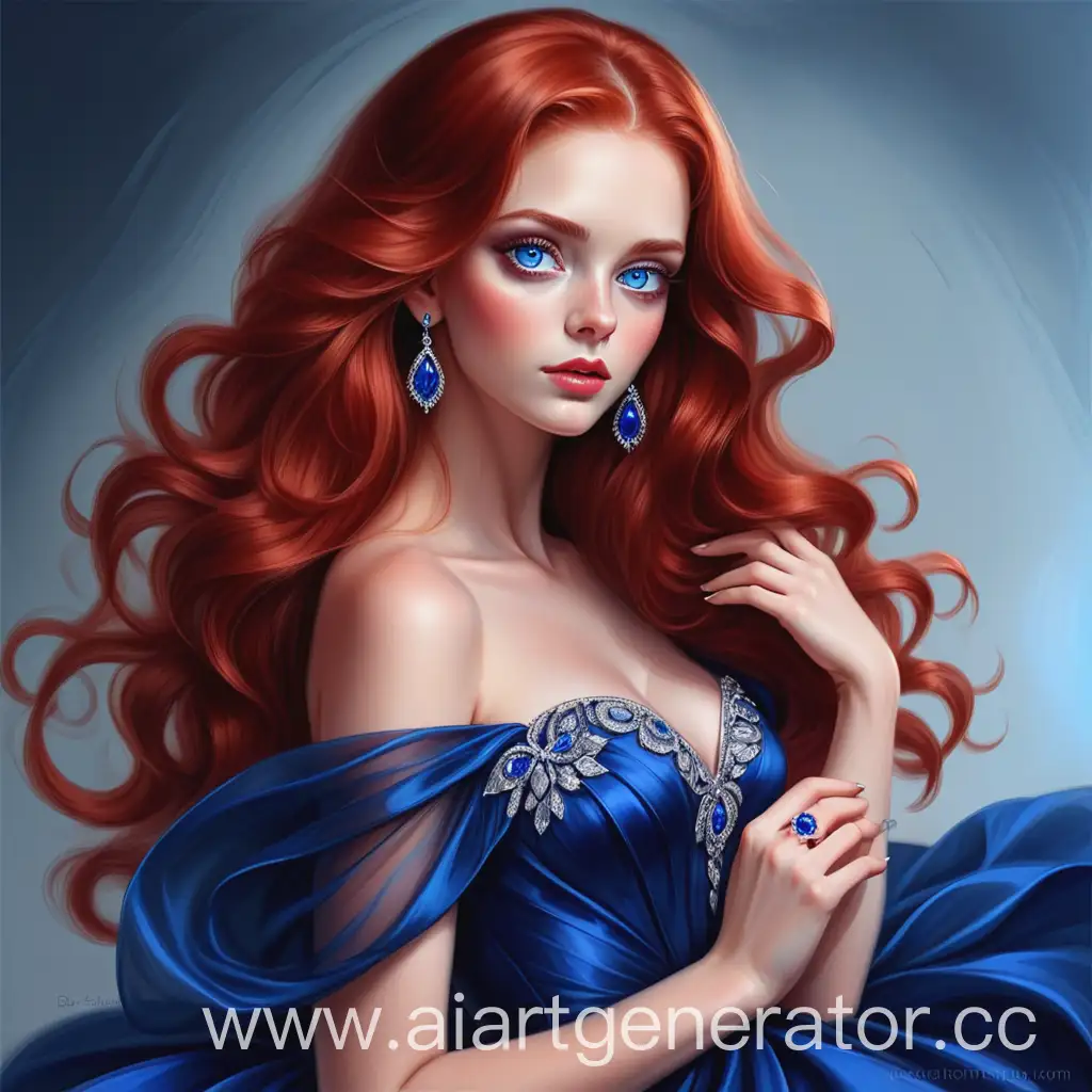 Elegant-Woman-with-Graceful-Figure-Blue-Eyes-and-Red-Silky-Hair-Wearing-a-Blue-Dress-and-Sapphire-Ring