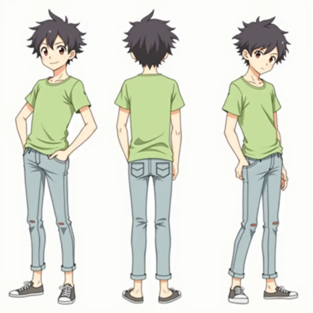 Draw for me an anime character of all directions and orientations, a boy wearing a green t-shirt and jeans, short black hair, brown eyes, with all expressions