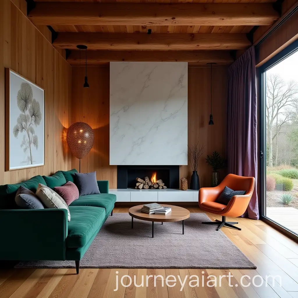 Modern-Maritime-Refuge-Interior-in-Rocha-Uruguay-with-Emerald-Velvet-Sofa-and-Marble-Stove