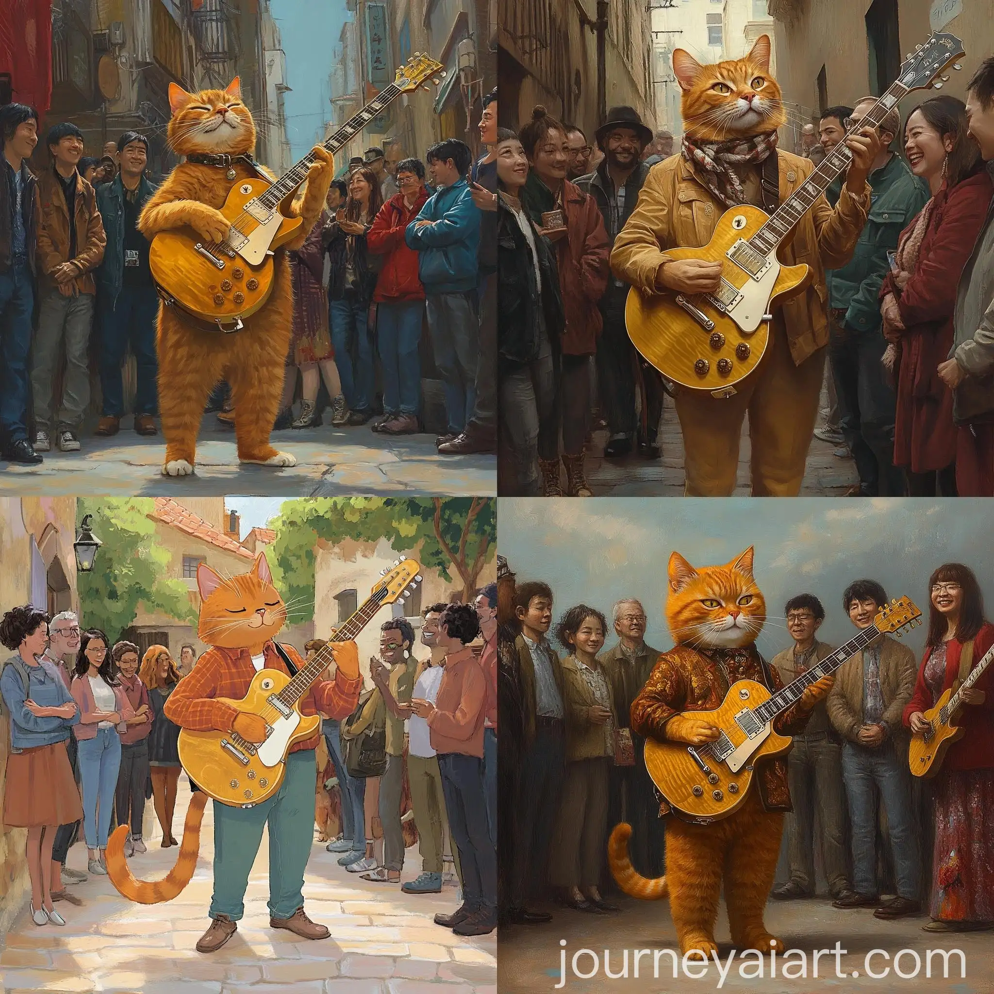 Multinational-Audience-Enjoying-Orange-Cat-Playing-Gold-Gibson-Les-Paul-Guitar