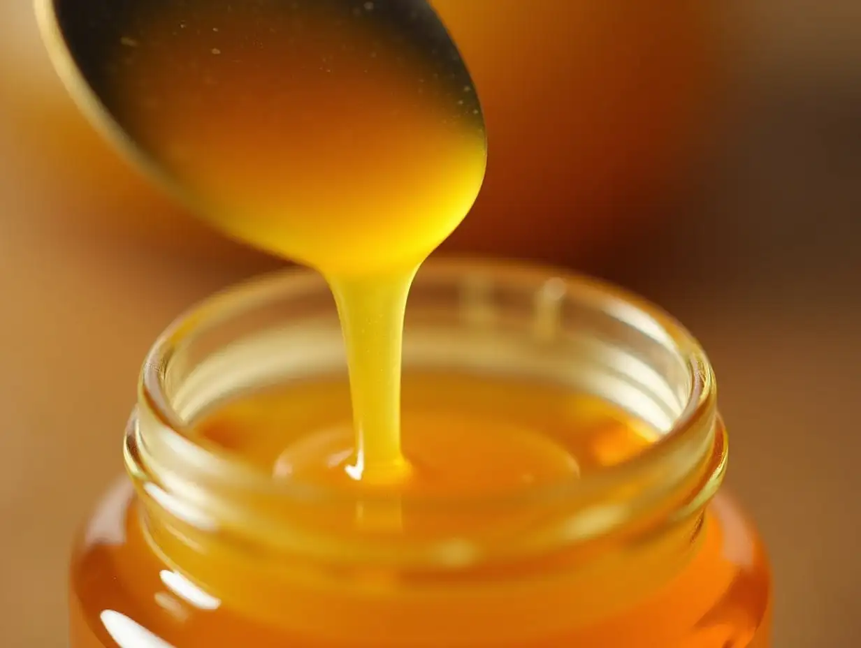 A close-up shot of golden honey being drizzled from a spoon into a jar, with soft, warm lighting.