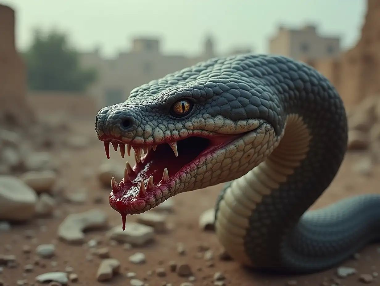 The Netanyahu mask replaces the head of a wild vampire snake with bloody teeth in the war-torn ruins of Palestine