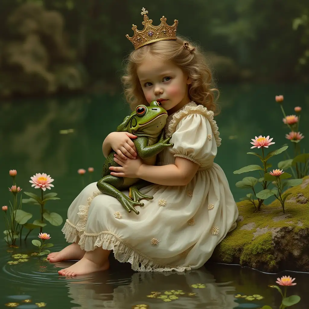 Young-Girl-Holding-Frog-with-Crown-by-Lush-Green-Pond-in-Victorian-Rococo-Style