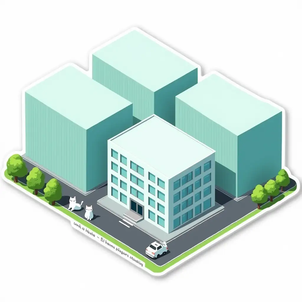 very long and tall rectangular industrial warehouses with blank walls of light blue with a green tint are arranged in a row on one line, in front of them in the center is one square white office building with many windows on the facade, in front of the building is a parking lot, trees and small white cats dressed as office staff, Sticker design - top view, high resolution, vector graphics, white background, anime-style coloring