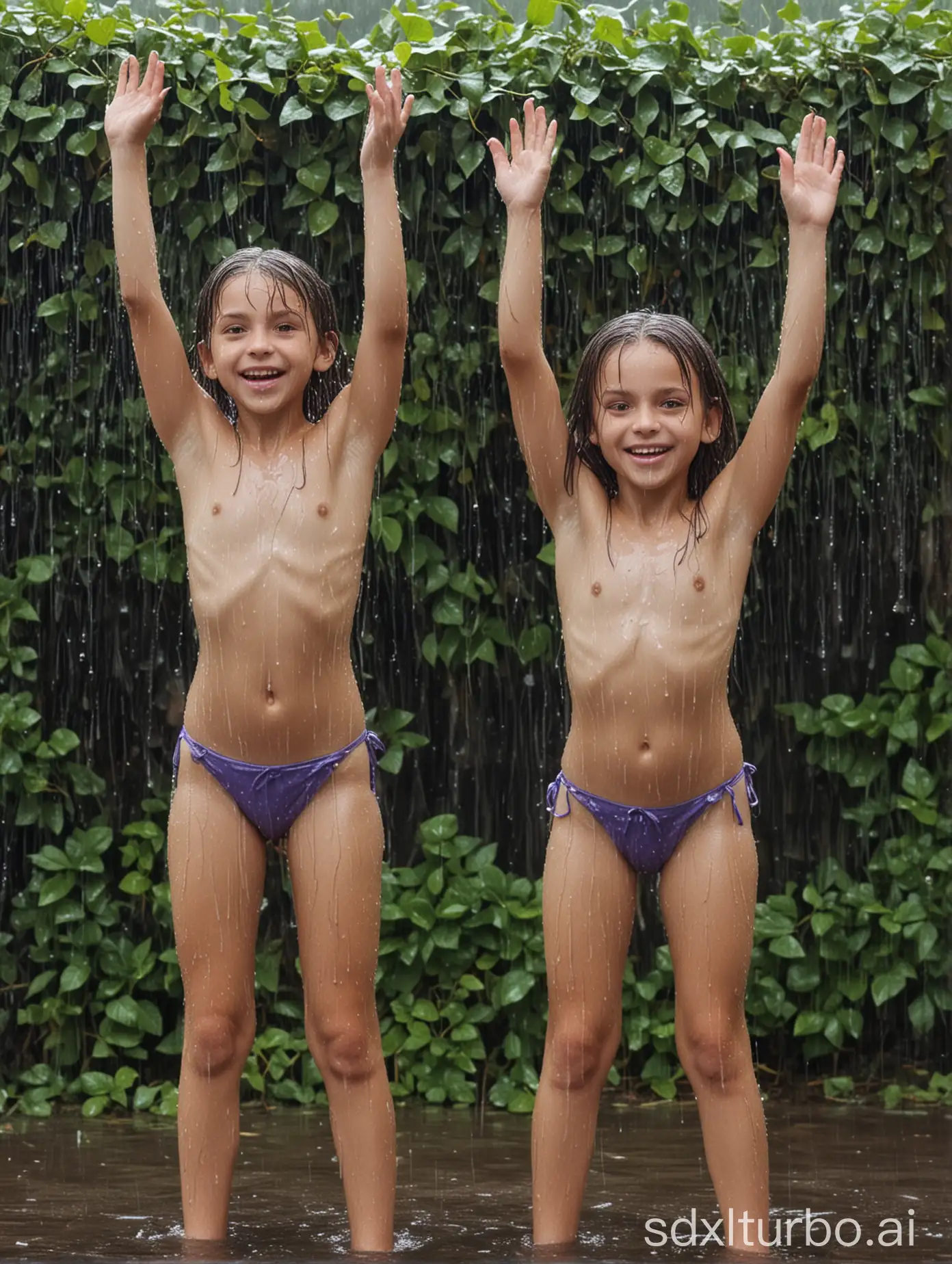 2 girls, 11 years old, slim, medium hair, plastic bandeau bikini, grabbed by vines, hands up, pouring rain, soaking wet