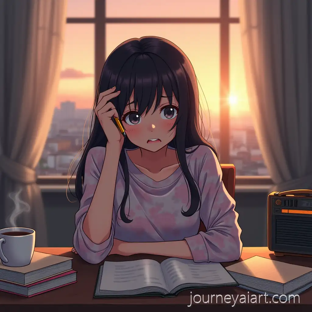 Adult-Woman-Sitting-at-Desk-Thinking-with-Coffee-and-Books-in-Cozy-Evening-Apartment-Anime-Scene