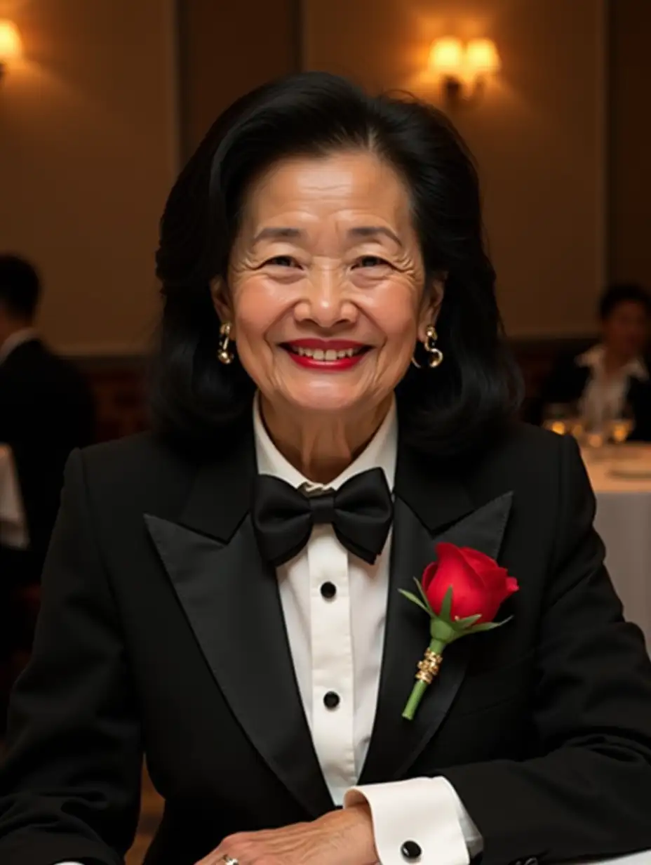 Smiling 70 year old Vietnamese woman with shoulder length black hair and lipstick wearing a tuxedo with a black bow tie. (Her shirt cuffs have cufflinks). Her jacket has a corsage. She is at a dinner table.