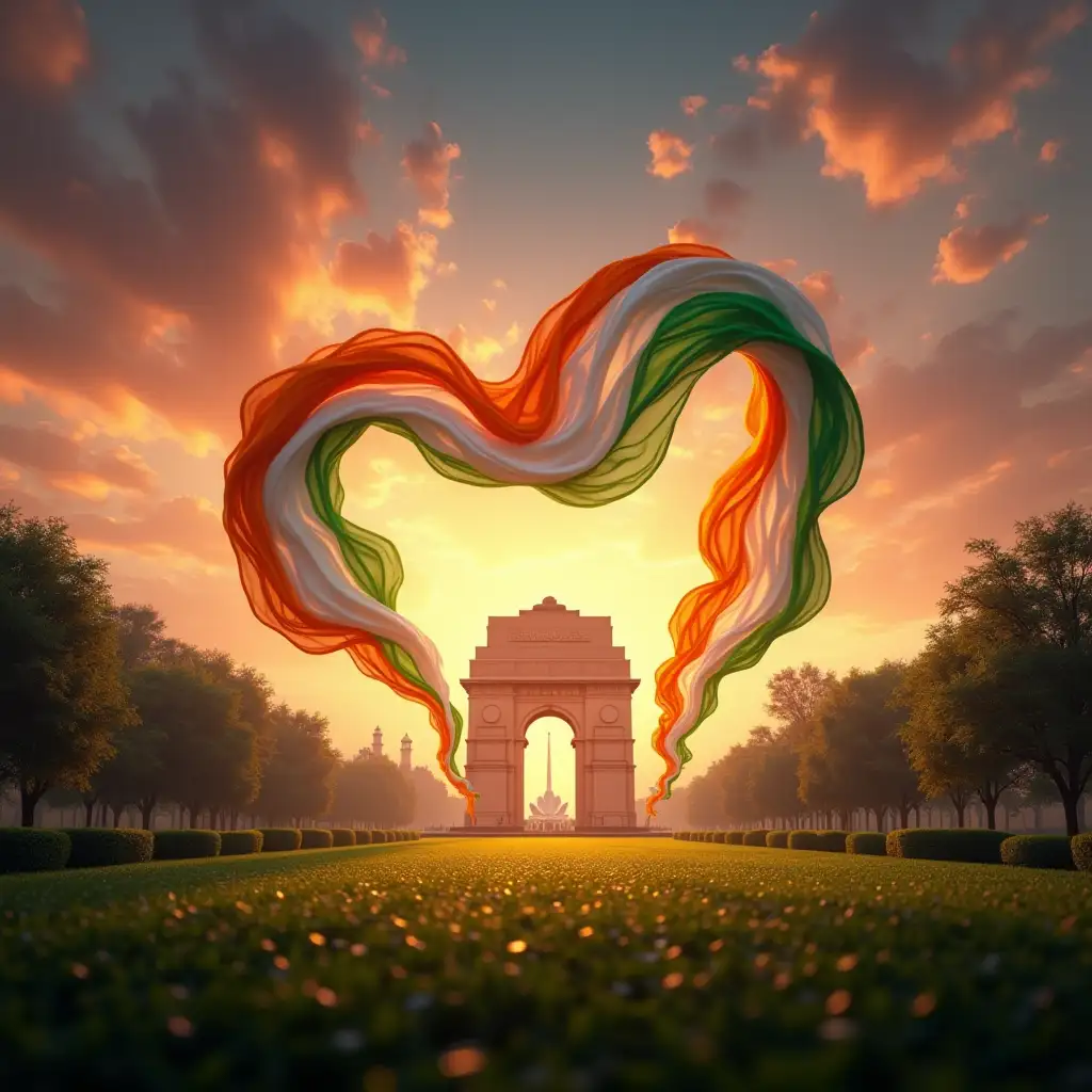 Create a cinematic video celebrating India's Republic Day, featuring iconic landmarks such as India Gate, Red Fort, Rashtrapati Bhavan, and the Lotus Temple. Set the scene during a vibrant Twilight hour with dynamic, colorful clouds in shades of orange, pink, and purple. A flowing, ribbon-style Indian flag (saffron, white, and green) gracefully travels through the frame, weaving between the landmarks and soaring into the sky, symbolizing unity and freedom. Add subtle glittering particle effects as the ribbon moves, enhancing the festive vibe. Showcase lush, vibrant greenery around the landmarks to bring out the green tones prominently. The visuals should feel patriotic and uplifting, with soft glowing highlights on the landmarks. End the video with the Indian flag ribbon soaring into the sky, forming a heart-like loop, and then fading into the vibrant twilight, leaving a serene and proud mood. Avoid displaying any text, ensuring the visuals tell the story with emotional and patriotic undertones. The closing frame should evoke pride and celebration, with an uplifting orchestral score in the background.