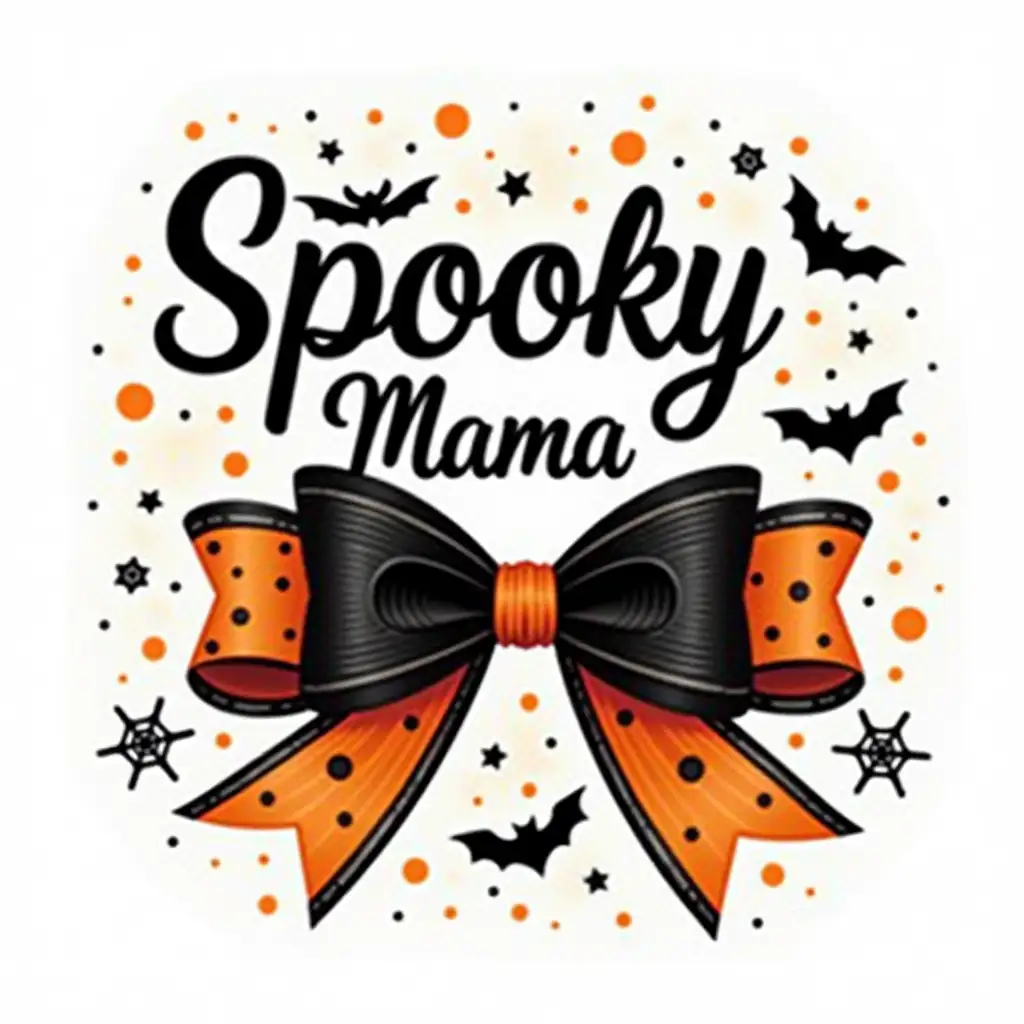 Design a striking Halloween-themed image featuring the phrase 'Spooky Mama' in bold, vintage-style black text. Center the design around a large, elegant bow with a black and orange color scheme, adorned with small bat patterns. Surround the bow with additional Halloween elements, such as bats, spiderwebs, and small orange dots scattered throughout. The overall design should be clean, with a spooky yet stylish vibe, perfect for capturing the essence of the Halloween season.