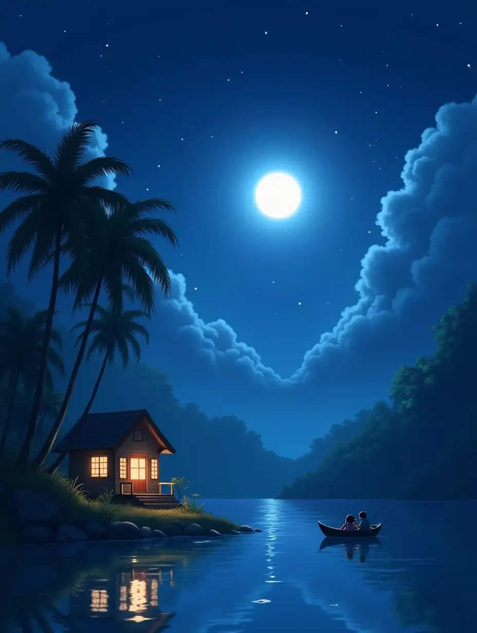 An enchanting, serene nighttime scene in an anime art style. A small wooden cabin with warm glowing lights sits on the edge of a calm river, surrounded by tall, swaying palm trees. The full moon shines brilliantly in the sky, casting soft light over the tranquil water. Clouds drift gently, partially framing the moon, while stars twinkle faintly in the background. In the middle of the river, a couple sits together in a small boat, enjoying the quiet beauty of the night. The entire setting radiates peace and romance, with reflections of the moonlight shimmering on the gentle ripples of the water, creating a magical, dreamlike atmosphere.