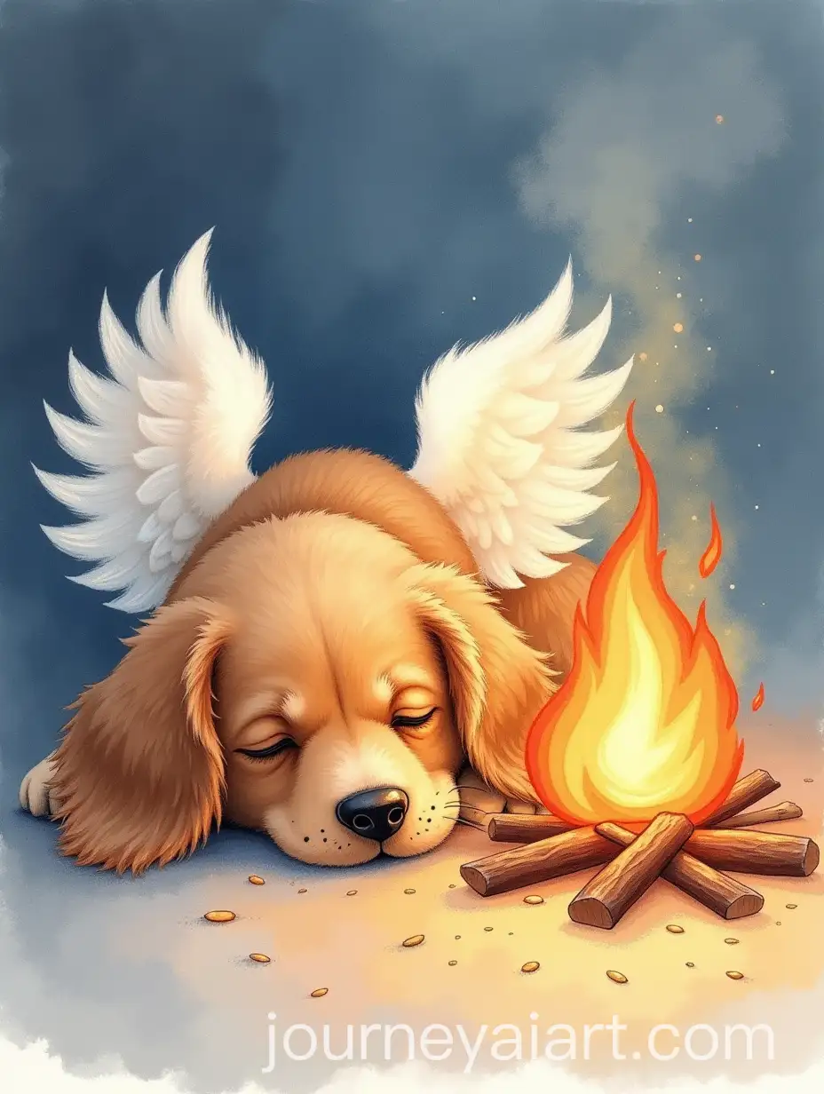 Dreamy-Watercolour-Illustration-of-a-Sleeping-Dog-with-Angel-Wings-by-the-Fire