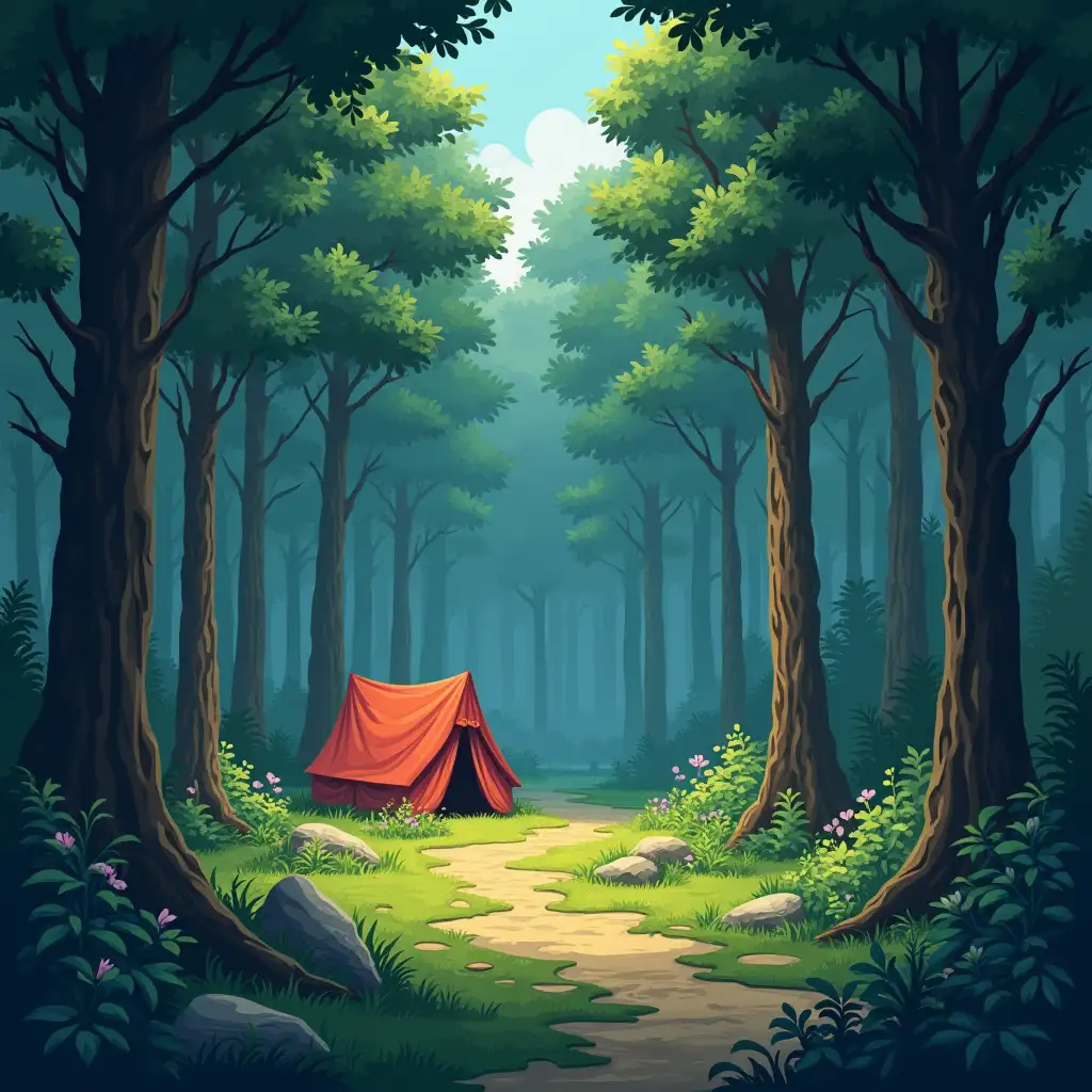 Fantasy camp in the forest in anime style