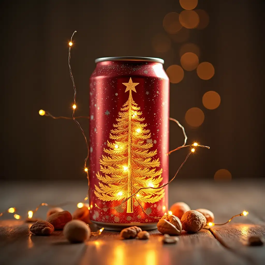 design a Red Bull can, Christmas with Honey and Pine Nut taste, in the middle of the can an image of a Christmas tree in the form of a glass with Christmas Light