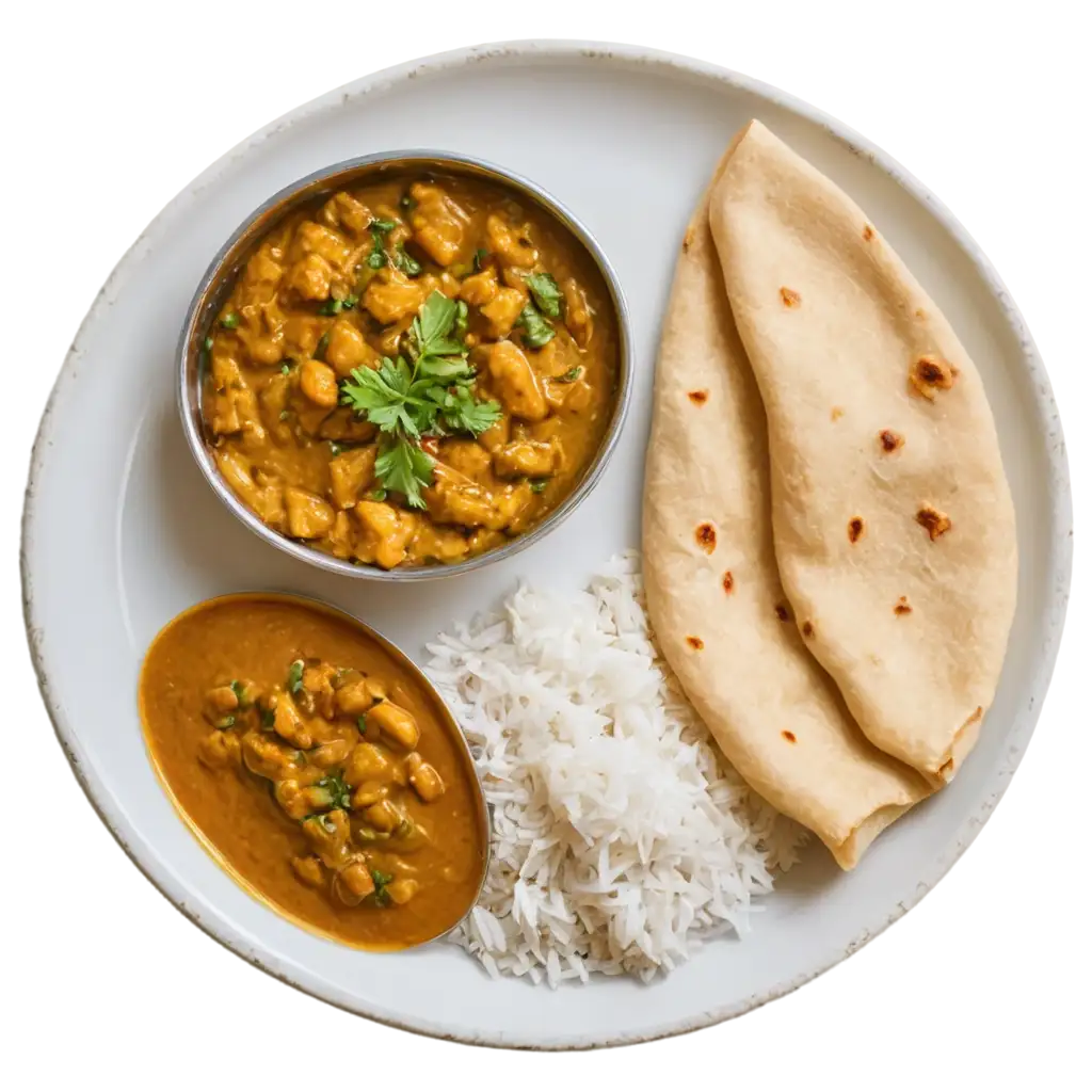 Delicious-Indian-Thali-PNG-with-Chapati-Sabji-Rice-and-Dal-on-a-White-Plate-Perfect-for-Food-Illustrations