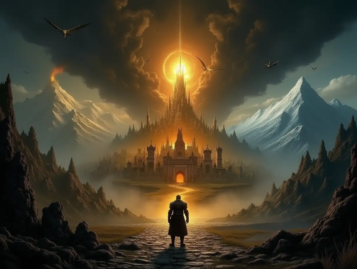 A dramatic scene depicting the fall of the Empire, the blessed land of Morrowind, and the dragon-ruled nation of Skyrim. In the center, the White-Gold Tower crumbles, symbolizing Empire Falling (Oblivion). To the east, the Red Mountain looms over ancient Dunmer temples, representing Blessed Nation (Morrowind). To the west, snow-capped mountains and a soaring dragon overlook Nordic warriors near Whiterun, embodying Dragon’s Nation (Skyrim). Dark storm clouds gather above, as a lone hero stands at the crossroads of fate.