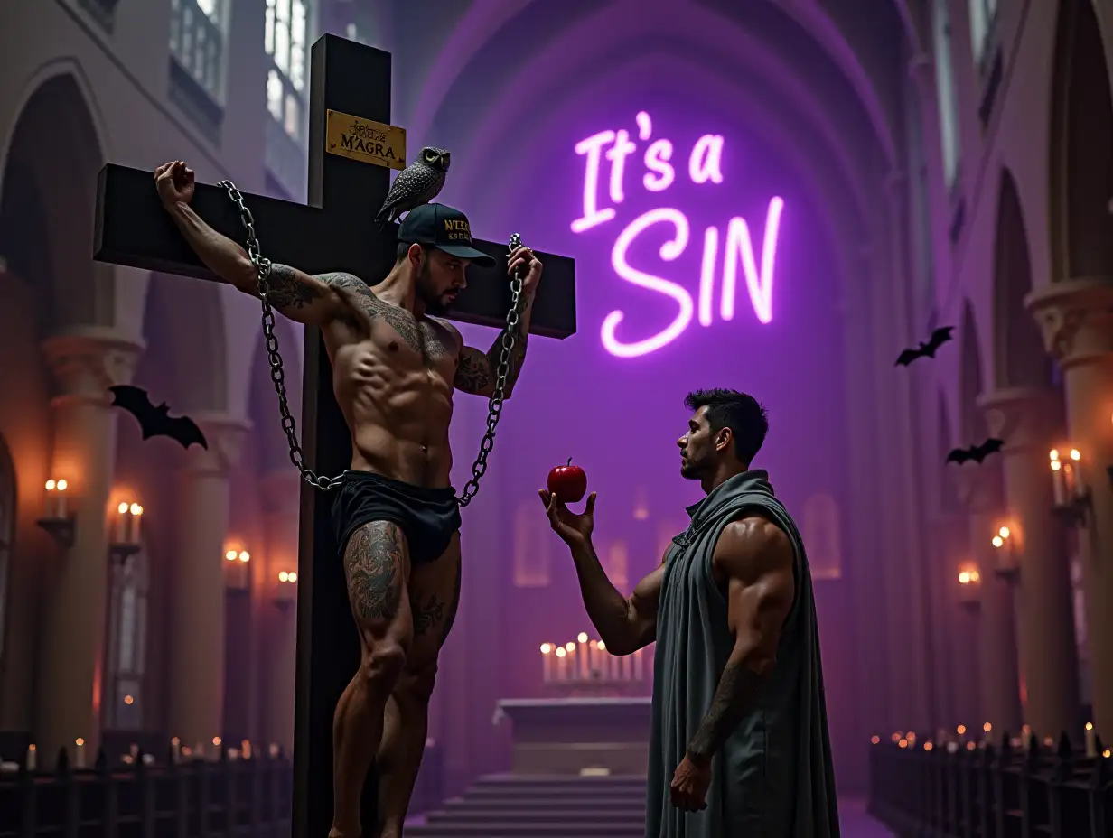 Dark-and-Sexy-Bodybuilder-on-the-Cross-in-Catholic-Cathedral-with-Neon-Lights-and-Priest-Offering-Apple