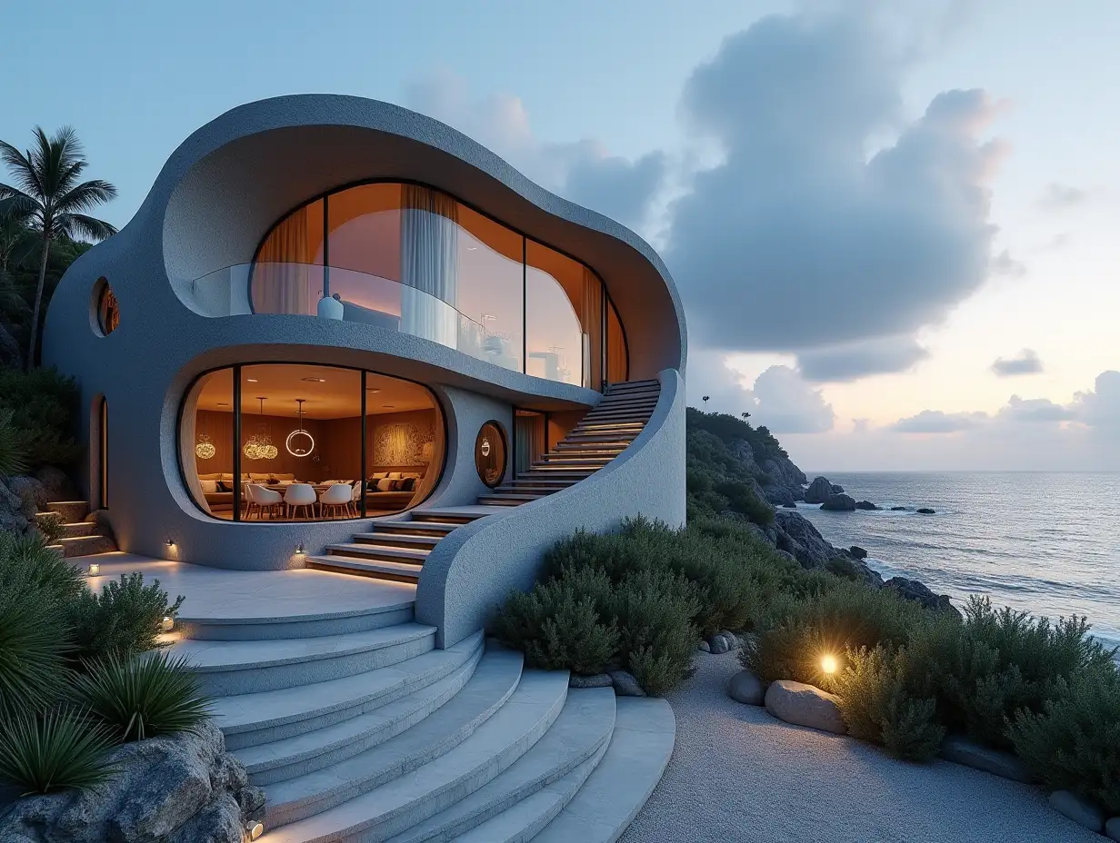 Peek inside a crooked house, grey, with a side line to the beach  Planting-with stucco in the form of plant decoration, large windows with glass closed, curved, smooth window shapes, winding large entrance steps out of black marble complex, curved roof with dike, lanterns, bench on the beach with light view to the sea 4K resolution colorful superwide-angle shots