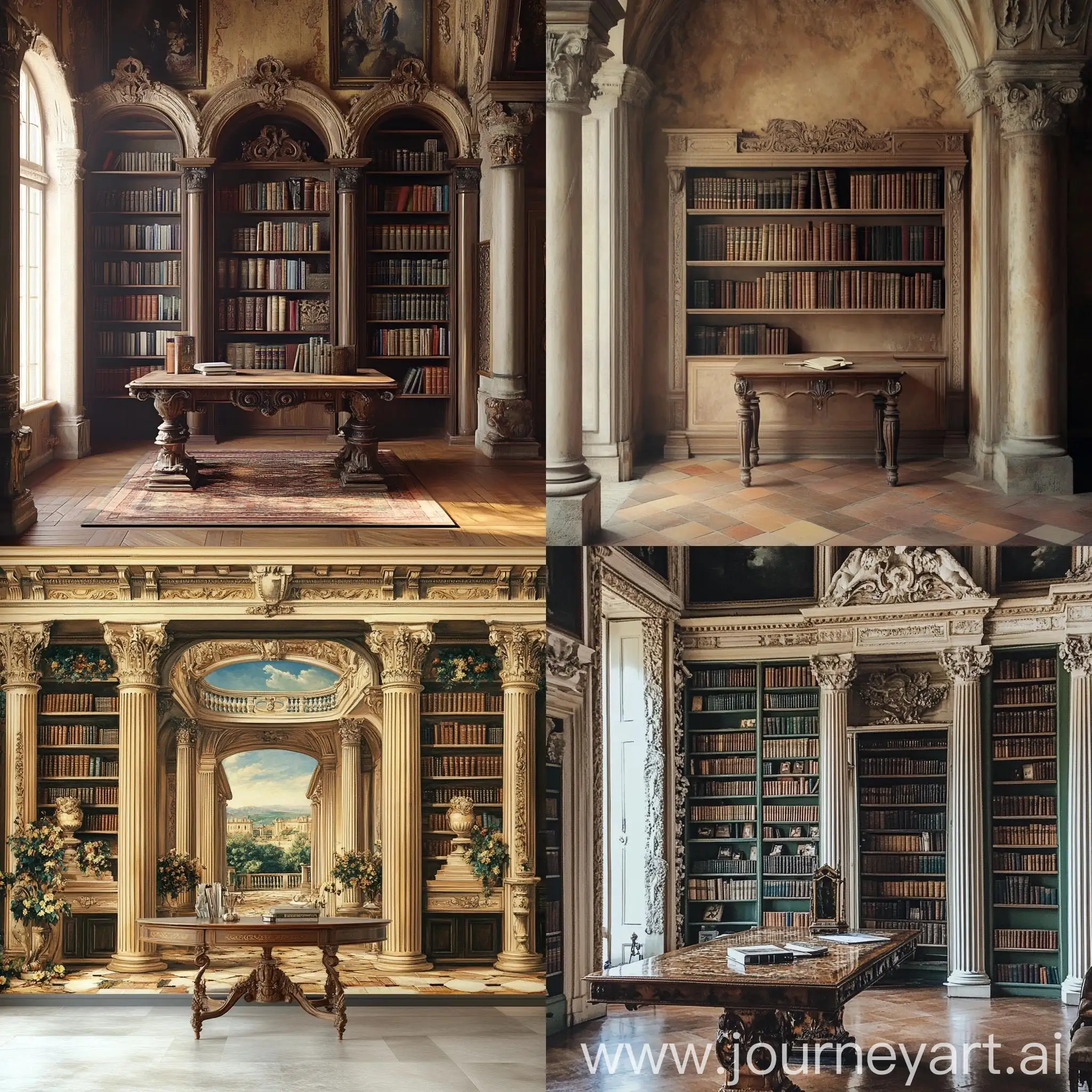 Fairytale-Palace-Interior-with-Table-Columns-and-Bookshelves