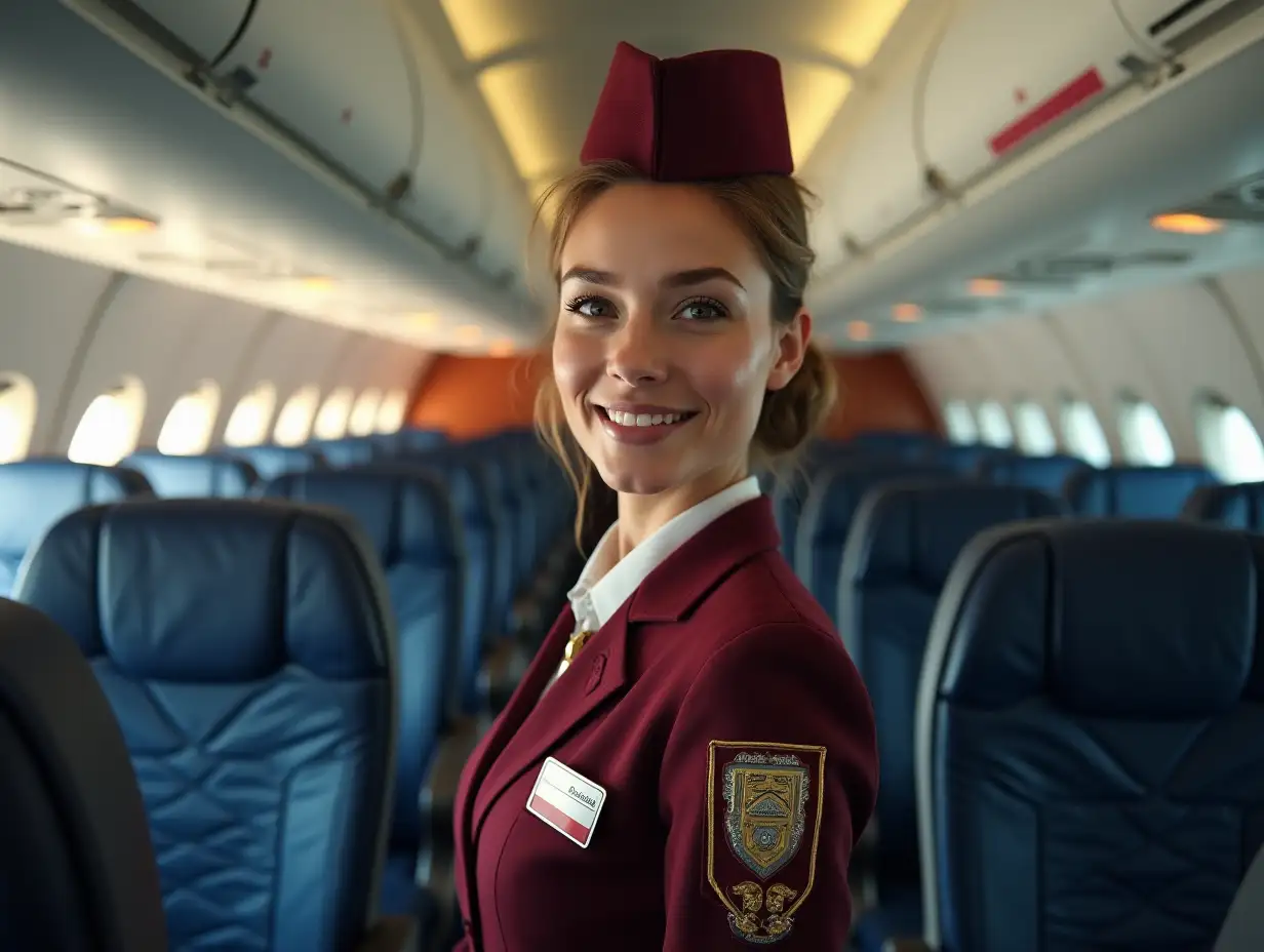 23 years old stewardess working in a plane. Full body view.