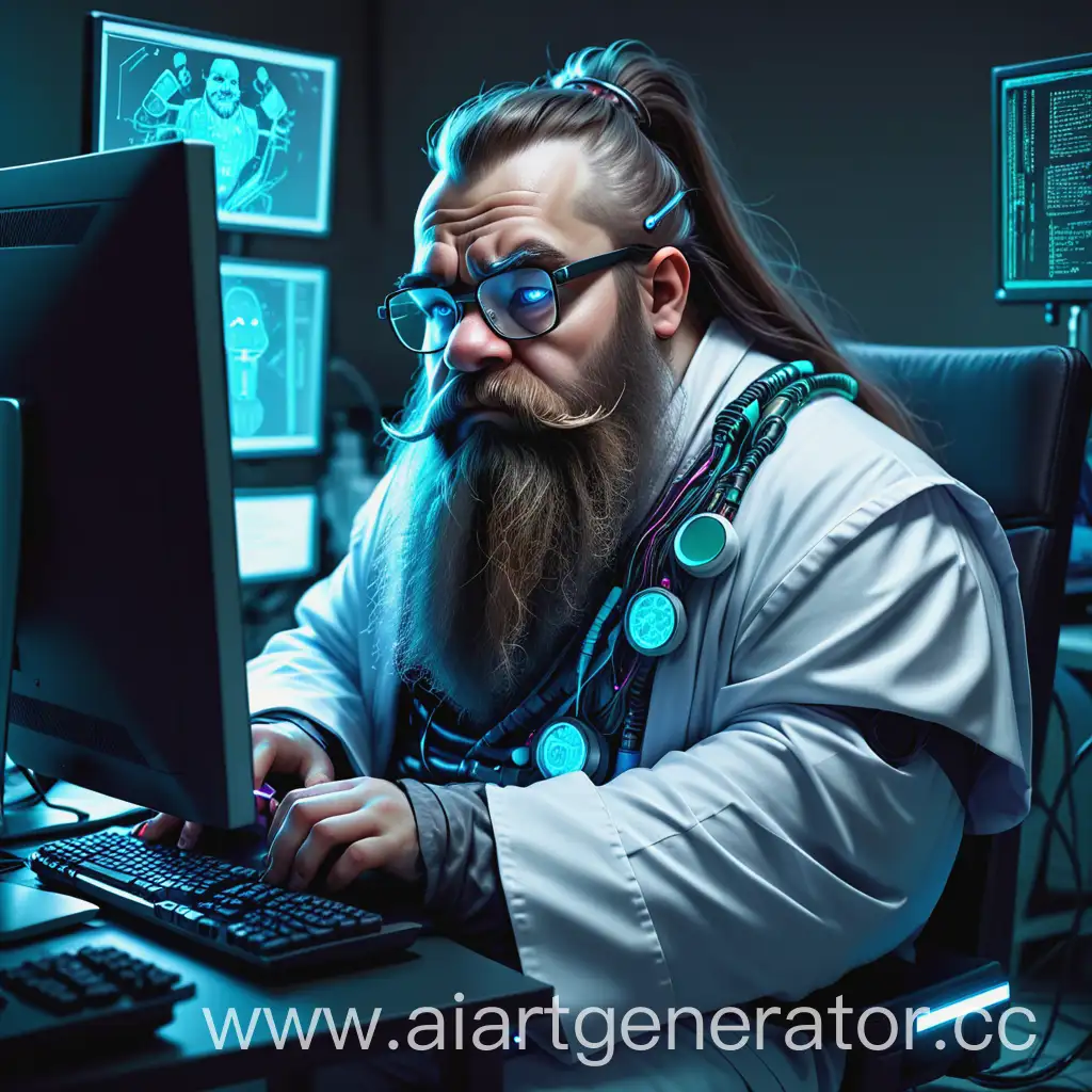 Dwarf, programmer, in a medical gown, laboratory, sitting at a computer, cyberpunk style, glasses, long beard, very tired, attention on the face, fantasy style, technology