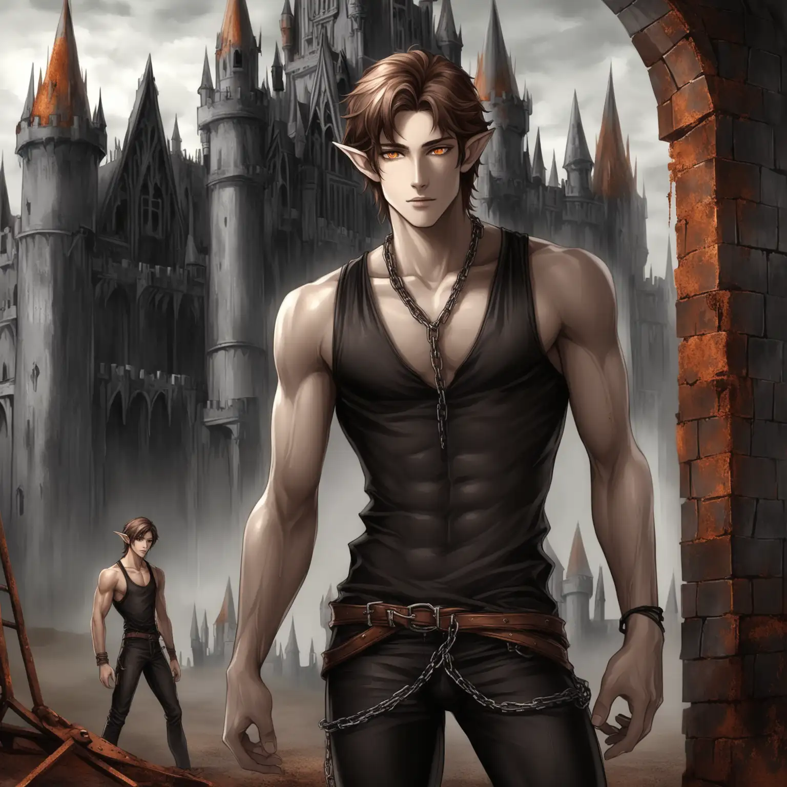 Fantasy Male Elf with RustColored Eyes and Gothic Castle Background