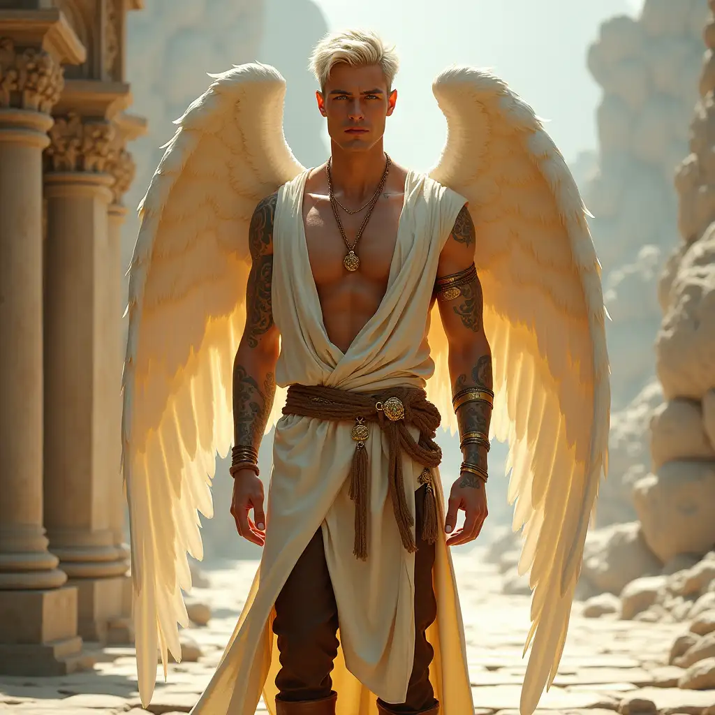 Handsome Sun Elf Courtier Prince with Angel Wings in a Beautiful City