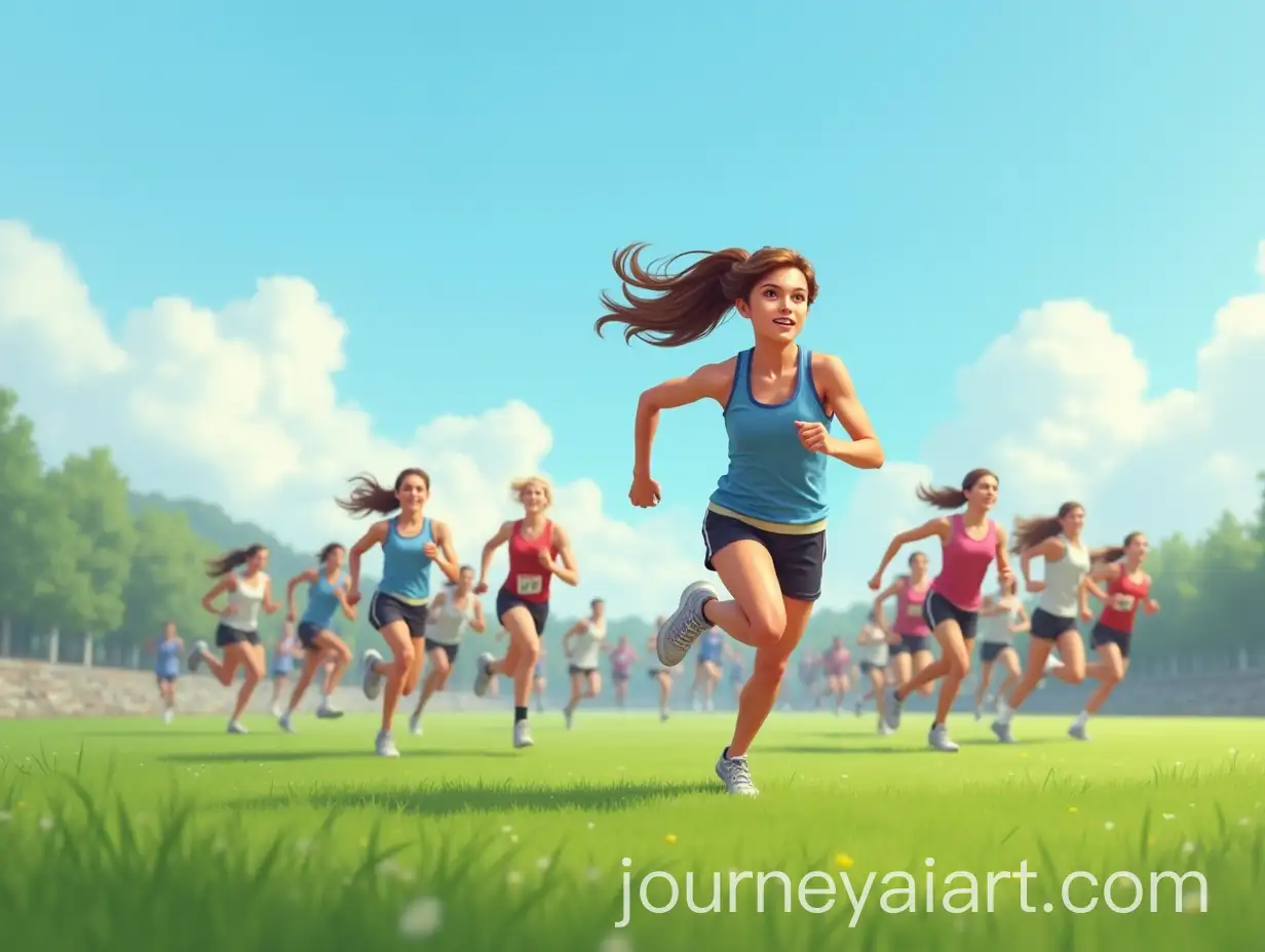 Athletic-Girl-Running-in-Green-Field-with-Runners-Chasing