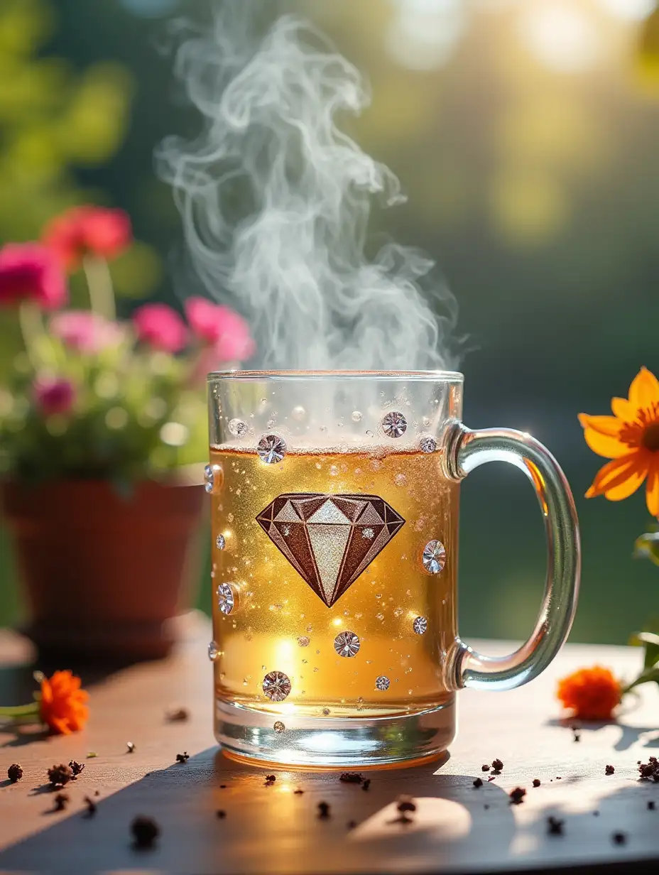 a beautiful mug, large diamonds are glued at glass. smoke is coming out off mug, mug is empty. and small diamonds are printed on mug, background is outside home, garden, water place, morning, sunlight, colorful flowers, and blurry