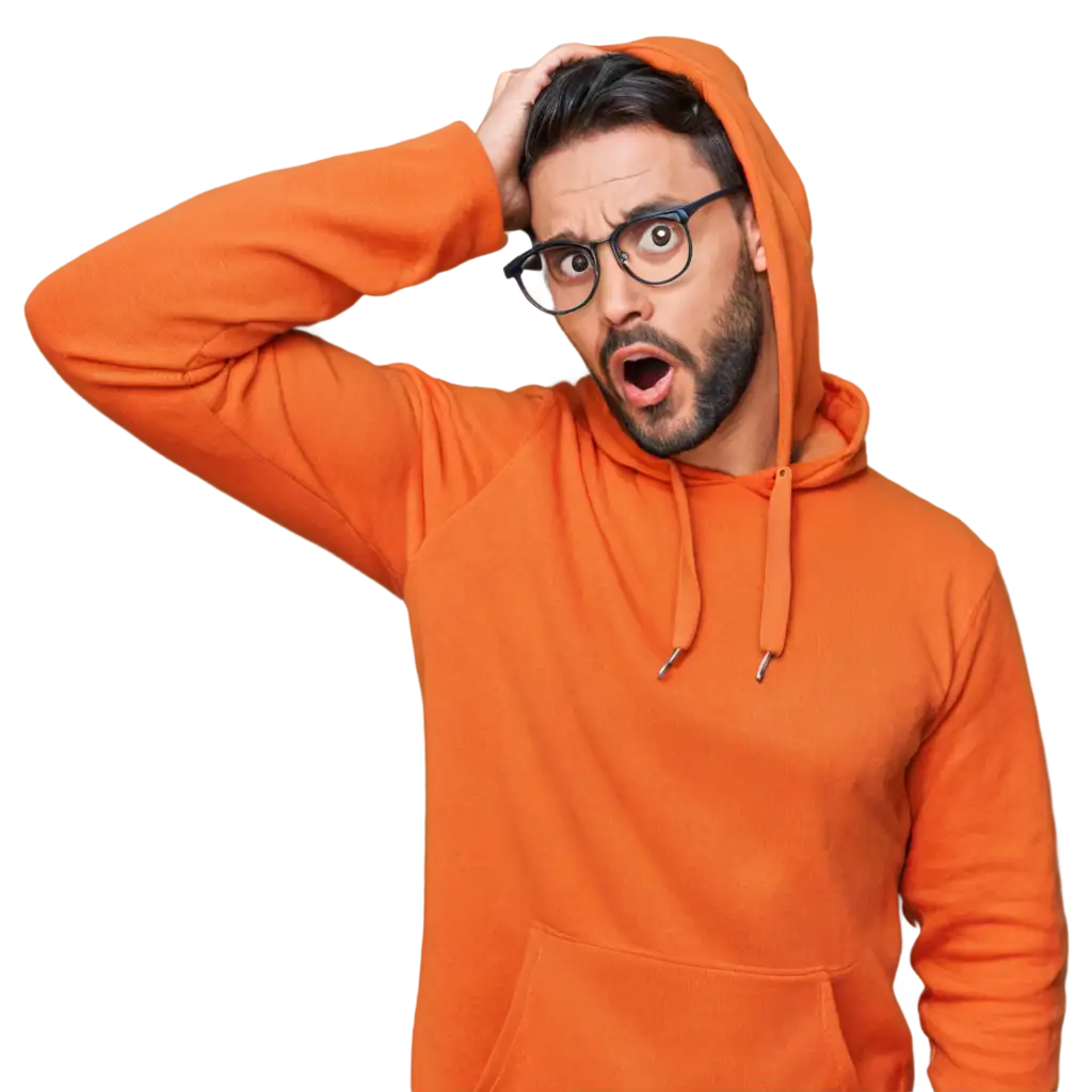 A bearded man wearing glasses and a vibrant orange hoodie, making an exaggerated facial expression of shock or frustration, with one hand on his forehead and his tongue sticking out slightly. The background is plain and neutral, ensuring the focus is solely on the man.