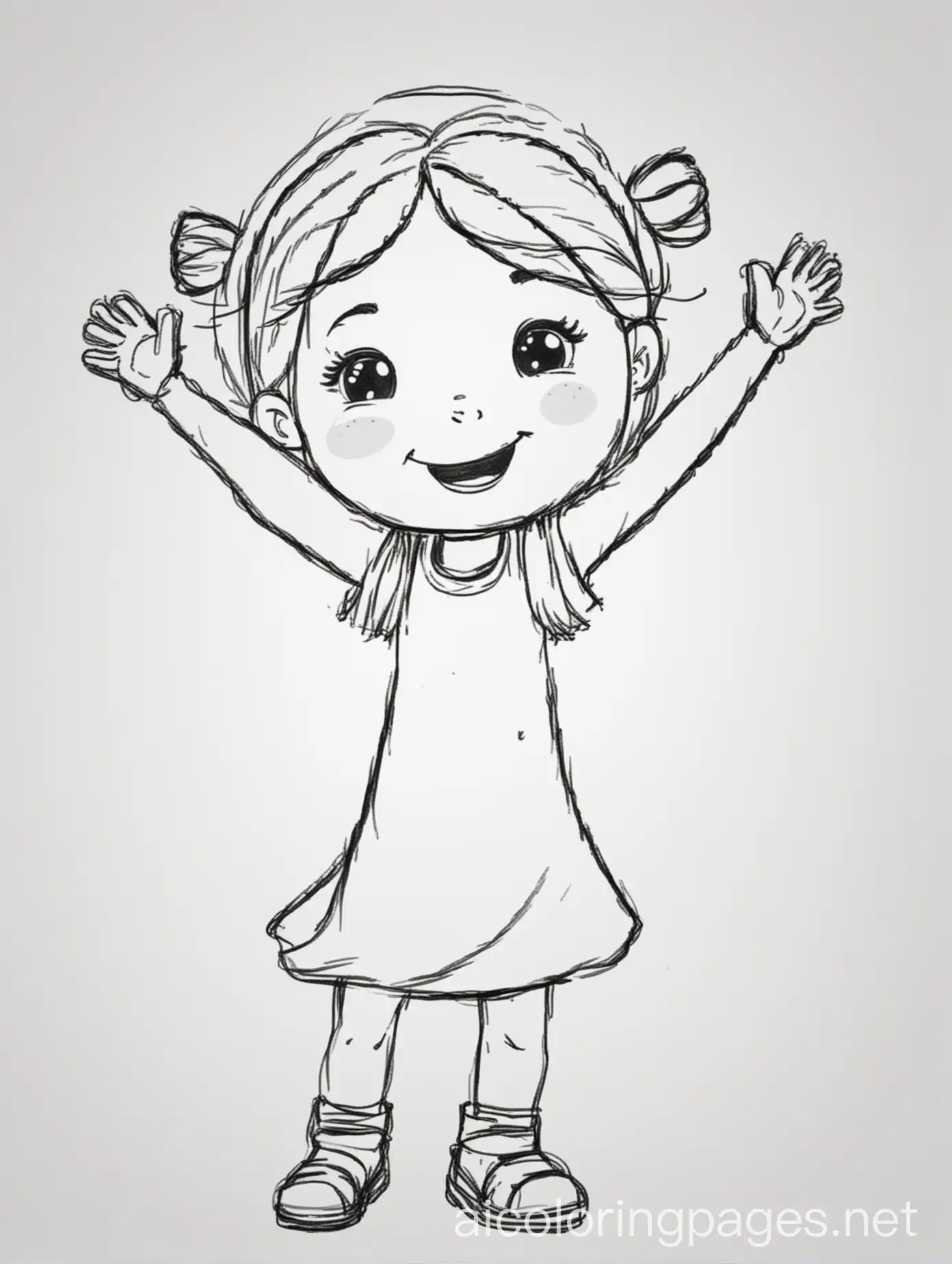 a cute little girl has her arms lifted up she is smiling and happy, Coloring Page, black and white, line art, white background, Simplicity, Ample White Space, Coloring Page, black and white, line art, white background, Simplicity, Ample White Space. The background of the coloring page is plain white to make it easy for young children to color within the lines. The outlines of all the subjects are easy to distinguish, making it simple for kids to color without too much difficulty