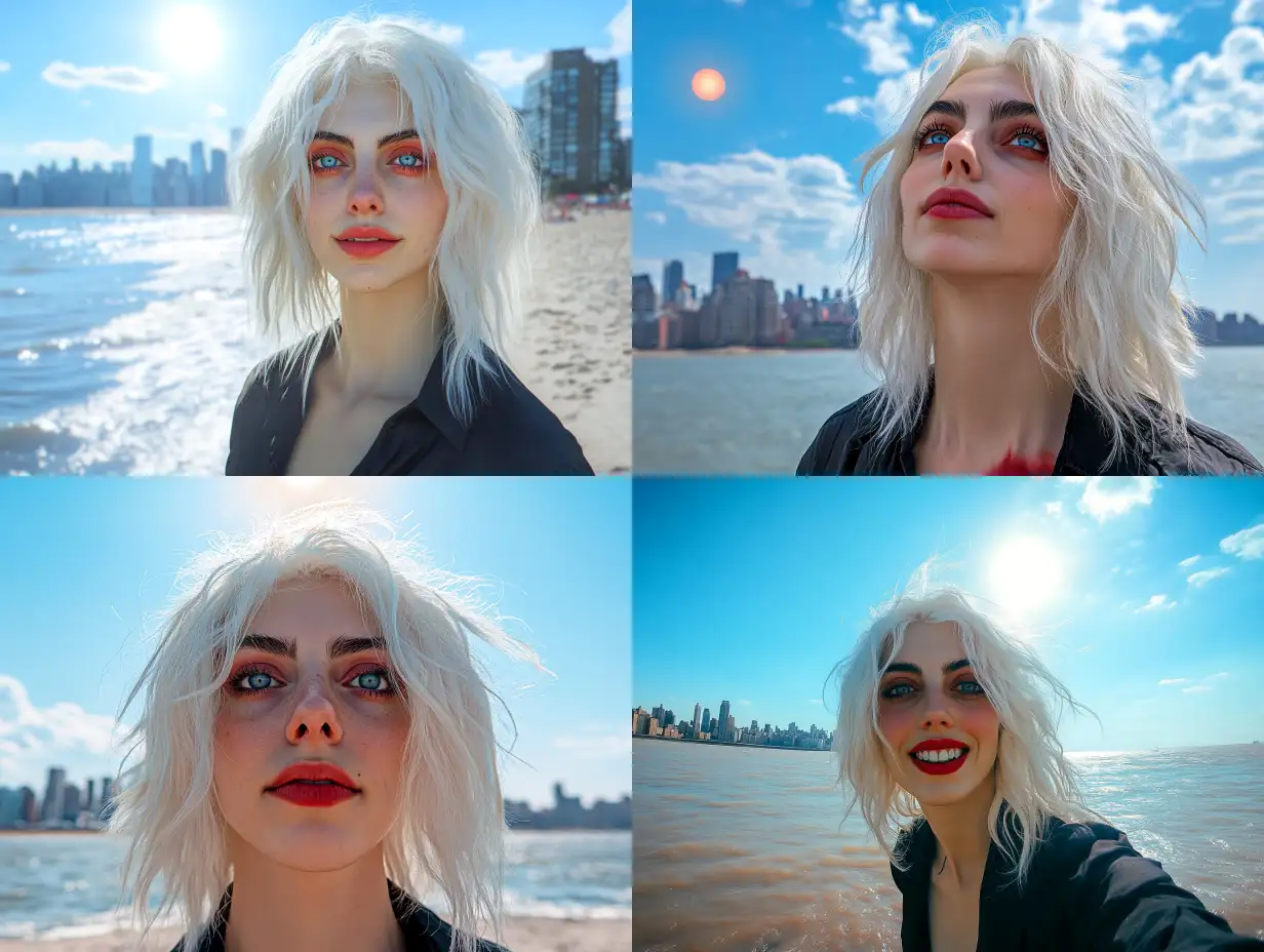 Joyful-Woman-at-the-Beach-with-Bright-Summer-Sky-and-Sun
