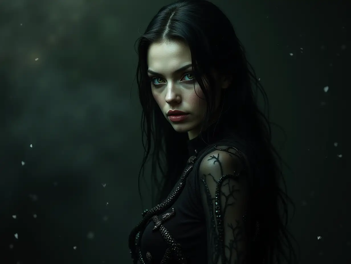 A dramatic portrait of a female villain, dark fantasy style, femme fatale, snake-like features, dark smoky background, poisonous green eyes, sharp features, wearing black dress with snake patterns, mirror reflections showing her true nature, karma symbols, broken hearts scattered around, dark atmospheric lighting, cinematic composition, highly detailed, 8k resolution, digital art, Greg Rutkowski and Artgerm style