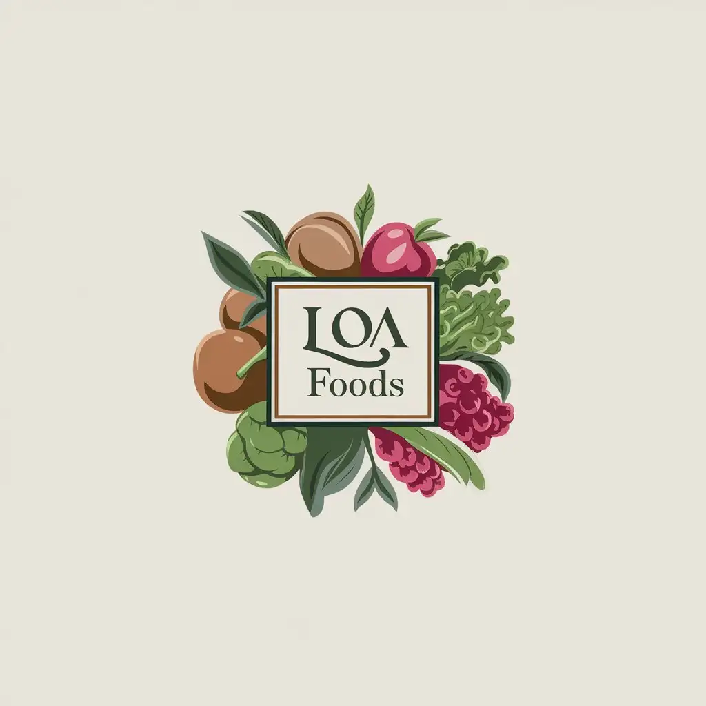 LOGO Design for LOA Foods Elegant Earthy Colors with Fruits and Vegetables Theme