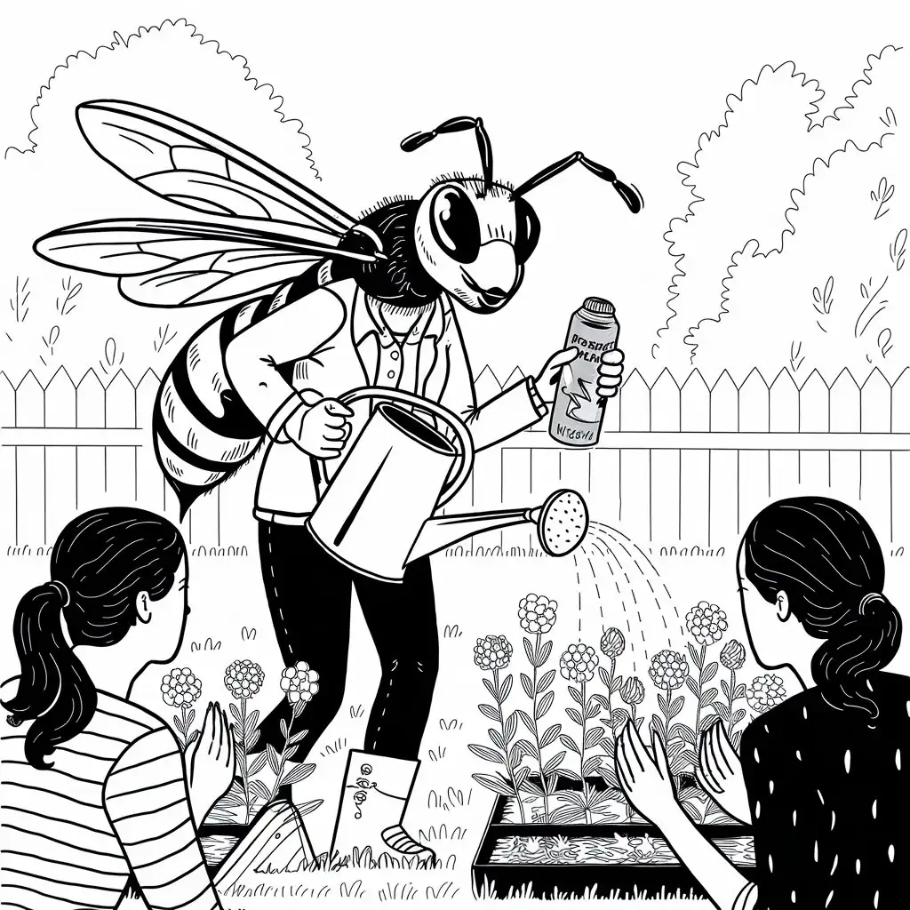 Wasp-Person-Watering-Flowers-in-Garden-with-Women-in-Black-and-White