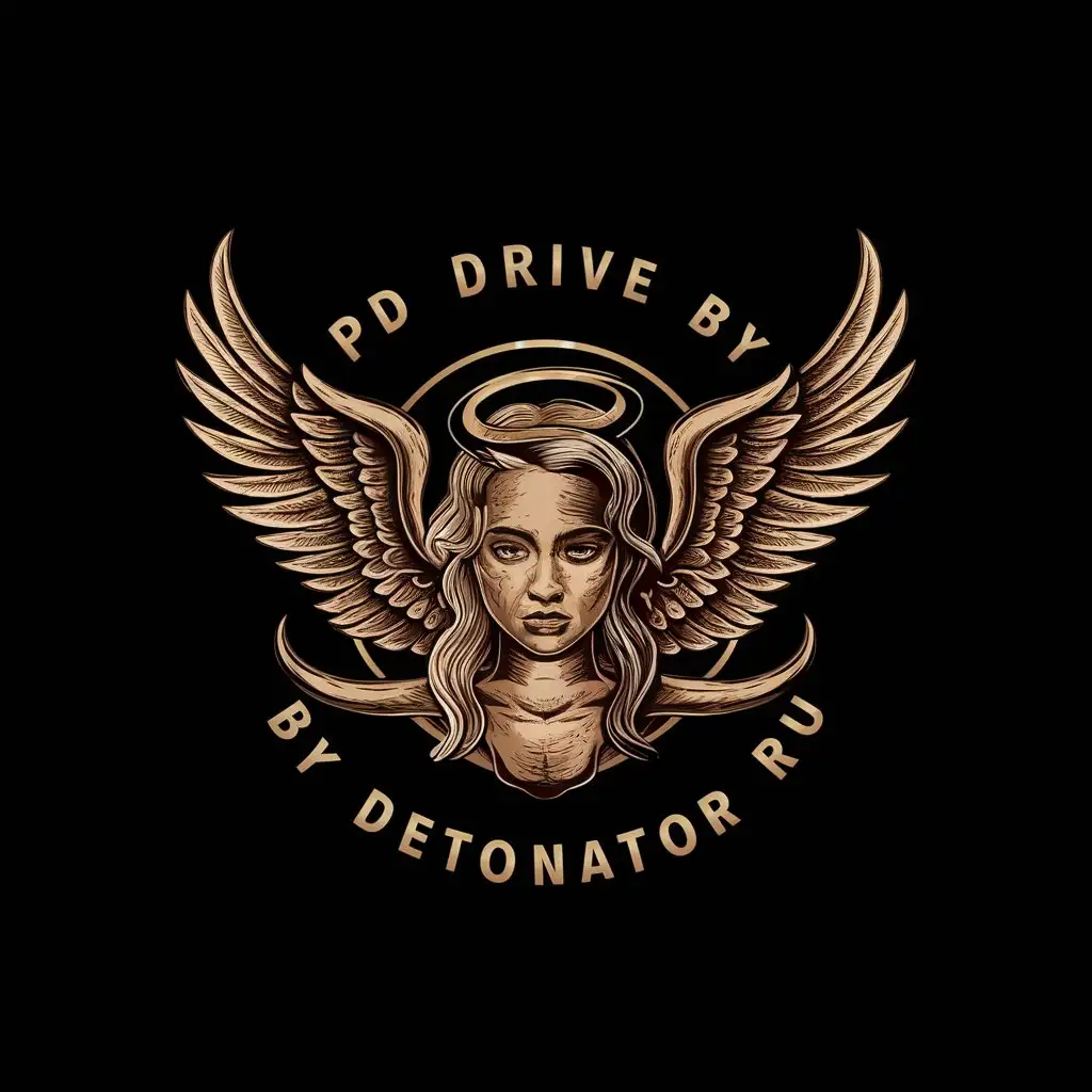 LOGO Design for PD Drive by Detonator RU Angel and Demon Wings in Vintage Style on Black Background