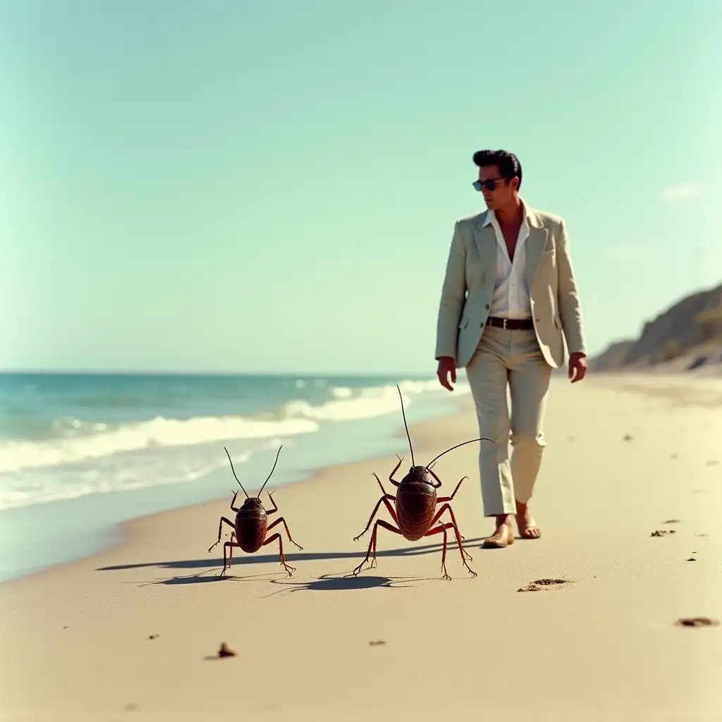 Cockroaches walking beside Elvis Presley on a beach