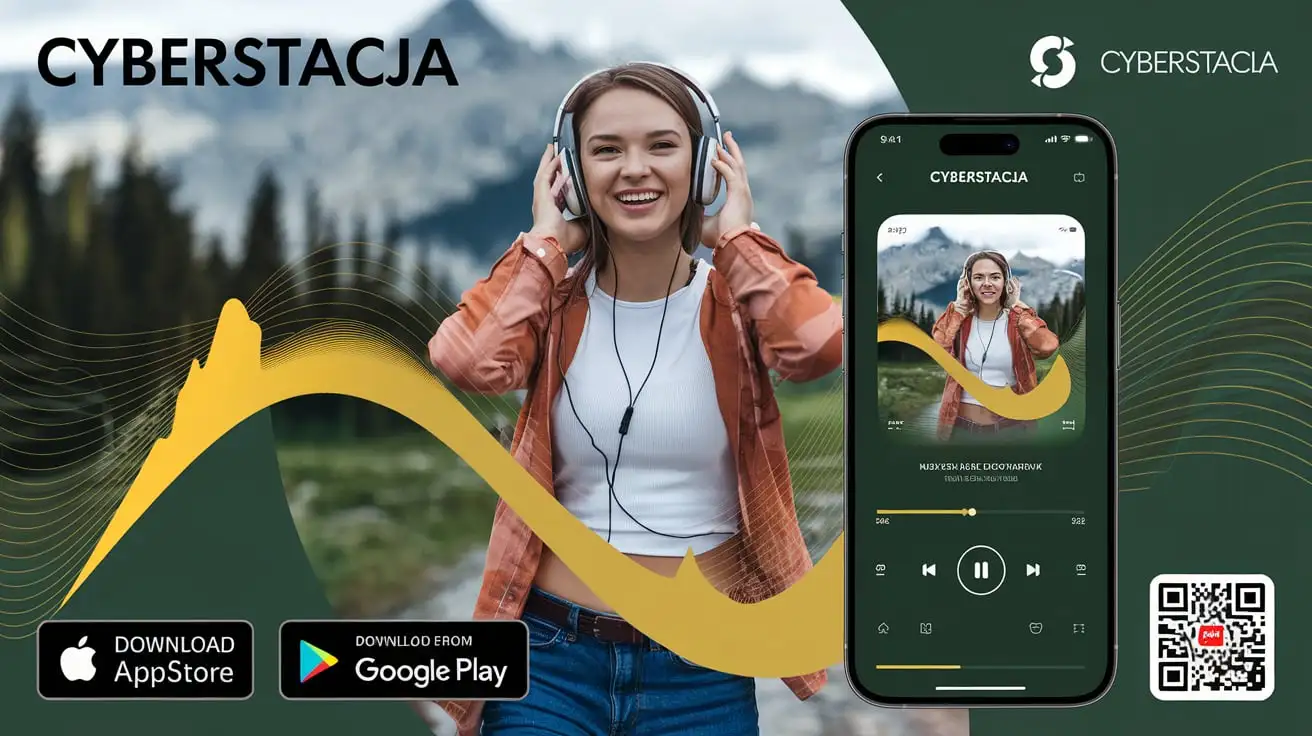 Happy Young Woman Walking in Mountains with Headphones and Phone App CYBERStacja Poster