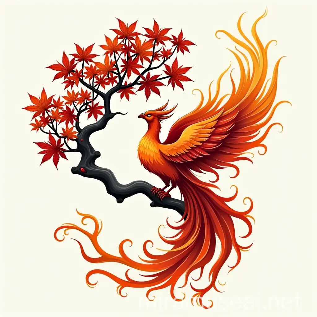 Japanese Maple Tree and Phoenix Design with Fire Element