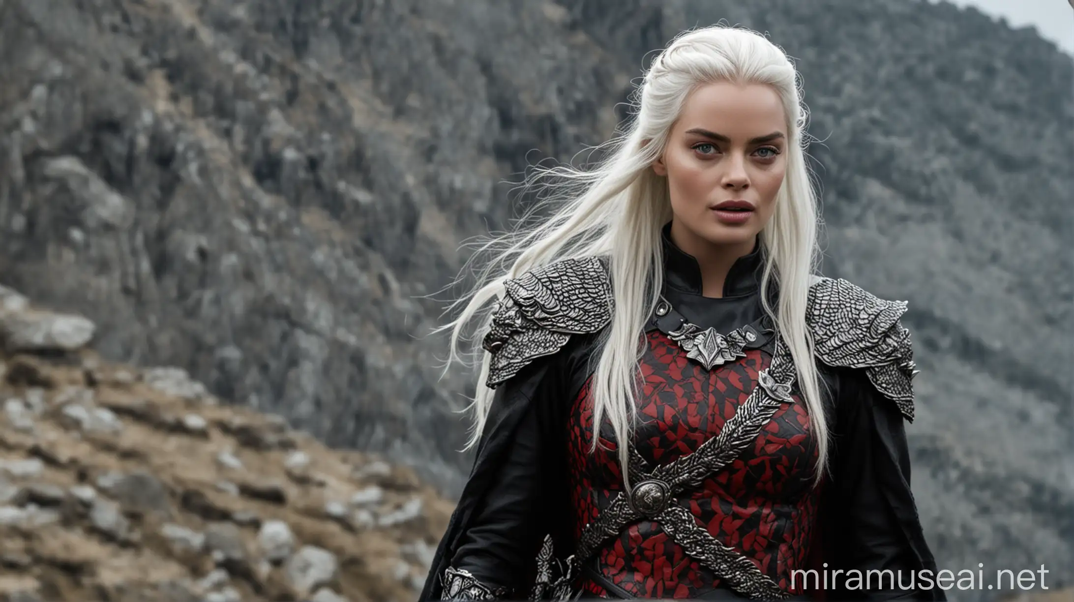 Margot Robbie as a Targaryen Princess Climbing a Mountain Slope