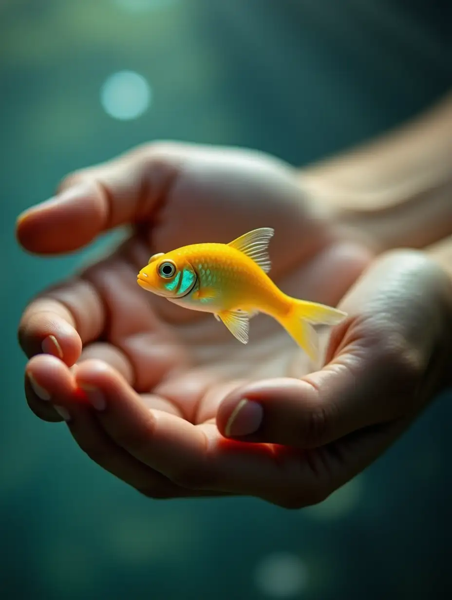 A small, golden fish with delicate fins swims gracefully within a human’s cupped hands. Its vibrant, golden scales shimmer in the soft light, and its eyes reflect the tranquil surroundings. The background is a blurred wash of aquatic blues and greens, creating a peaceful, water-filled ambiance.