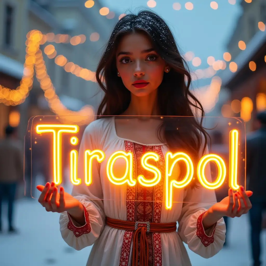 A tall, slender young woman with large, expressive eyes, light olive skin, and dark brown wavy hair. Her features are elegant and delicate . She wears a traditional Moldovan outfit: a long white embroidered dress with intricate patterns in red and gold, a belt at the waist, and delicate jewelry. She holds a transparent sign with glowing neon letters spelling out 'Tiraspol' in a warm golden-orange color. In the background is a snow-covered New Year's square with festive decorations, sparkling garlands and a soft snowfall adding to the magical atmosphere.