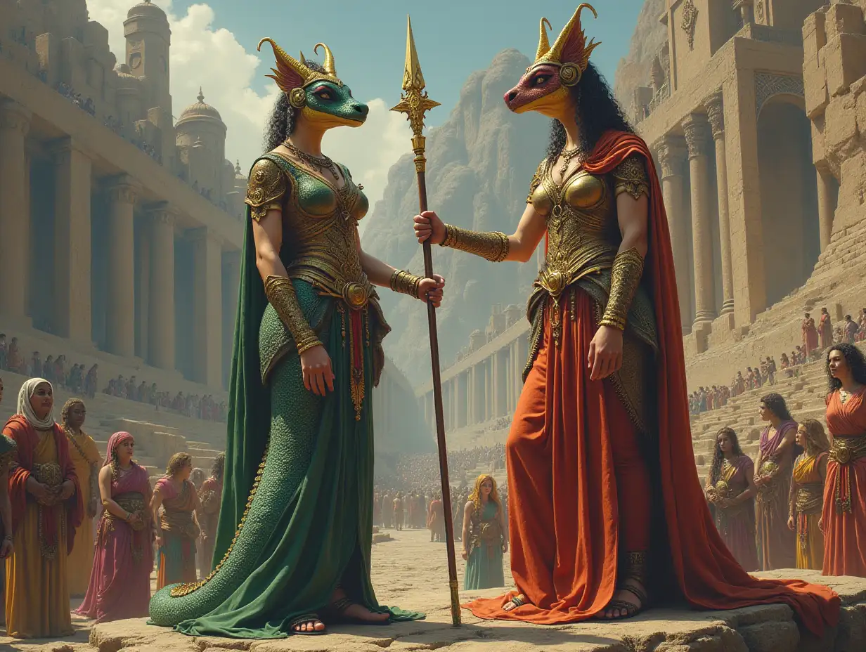 Ultra detailed hyperrealistic portrait of two women with snake bodies standing on a rock and holding a lance in their hand in front of a large temple with many elaborately detailed, colorful people