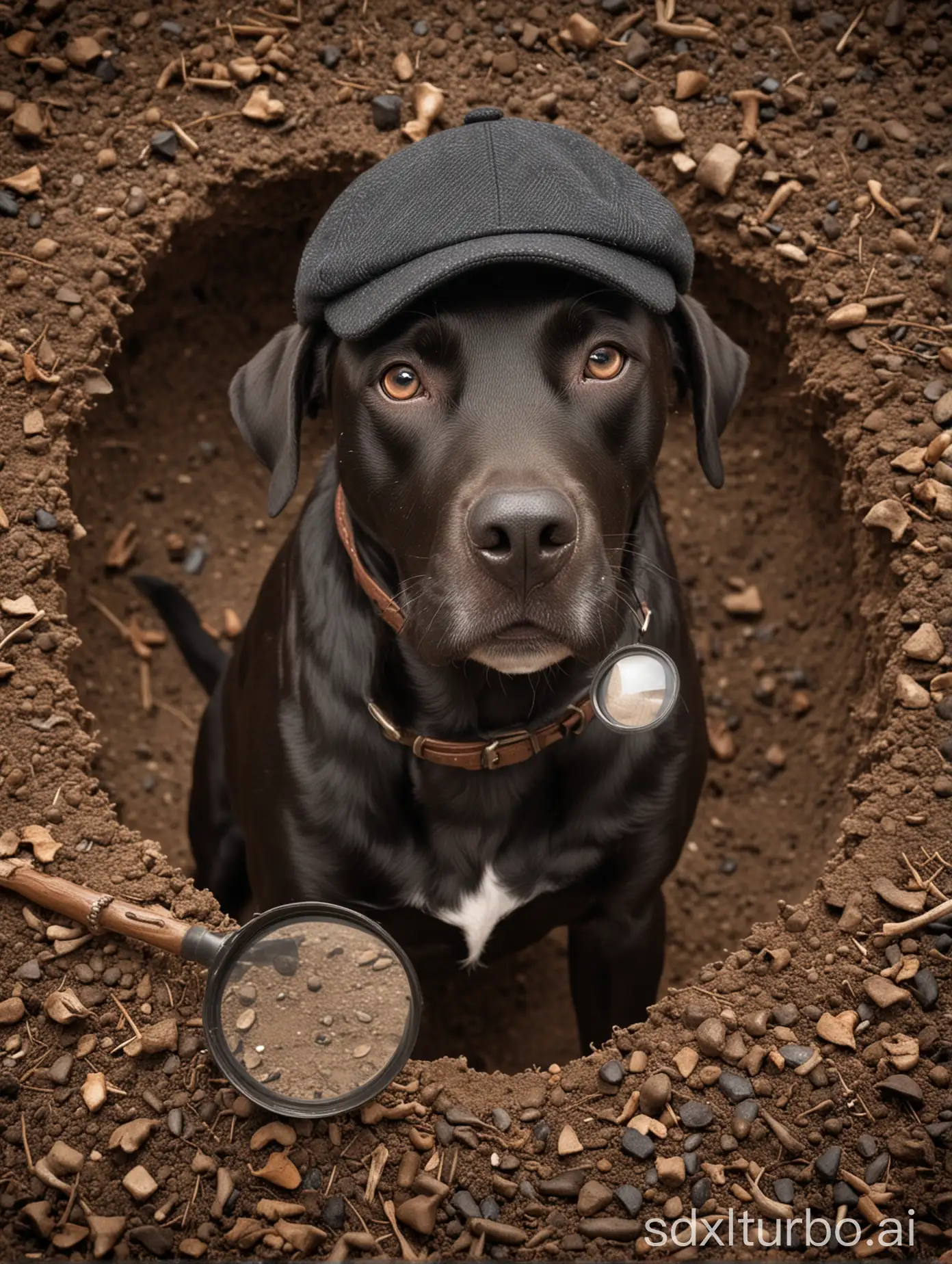 A trim all black labrador dog with very raised bent pit bull/greyhound ears in detective sherlock holms tweed cap and a magnifying glass. Dog is sticking head out of a hole in ground with dirt smear on nose. This image is a full character shot that depicts very lifelike in the flesh looking subject characters in a high resolution image with a very clean sharp focus.